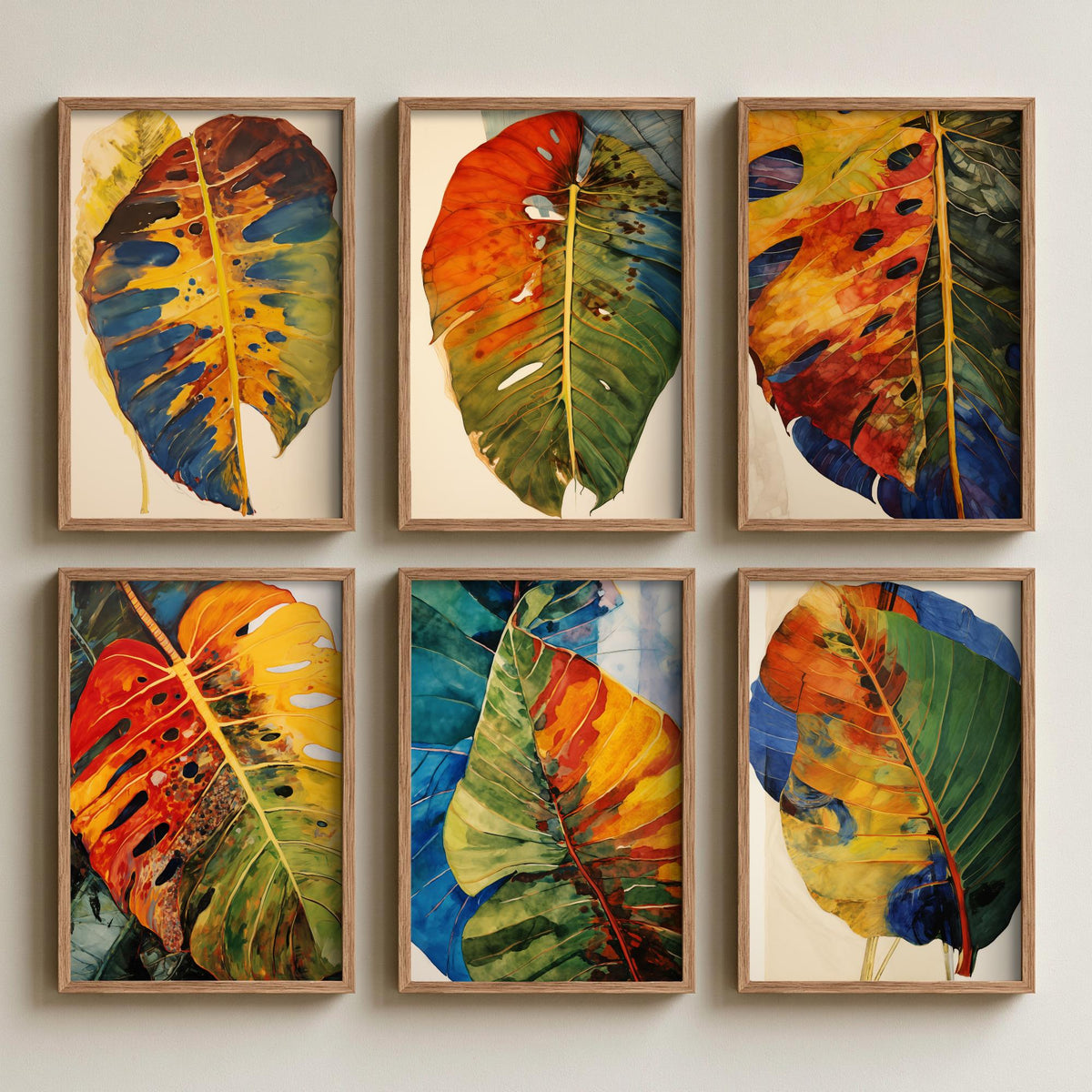 Set of Six Autumn Monstera Leaf Art Prints - 6 Rustic Botanical Posters - Withered Tropical Leaf Watercolour Painting in Rust and Blue