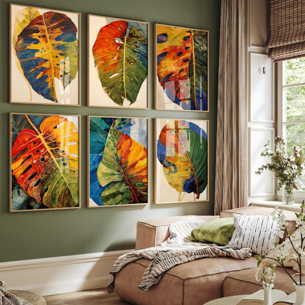 Set of Six Autumn Monstera Leaf Art Prints - 6 Rustic Botanical Posters - Withered Tropical Leaf Watercolour Painting in Rust and Blue