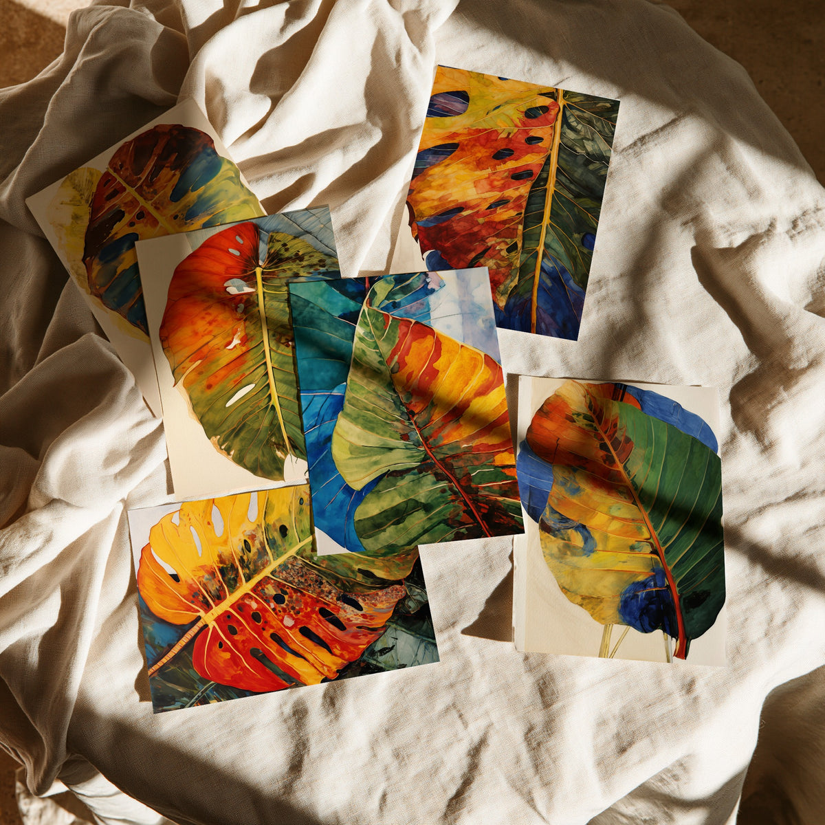 Set of Six Autumn Monstera Leaf Art Prints - 6 Rustic Botanical Posters - Withered Tropical Leaf Watercolour Painting in Rust and Blue