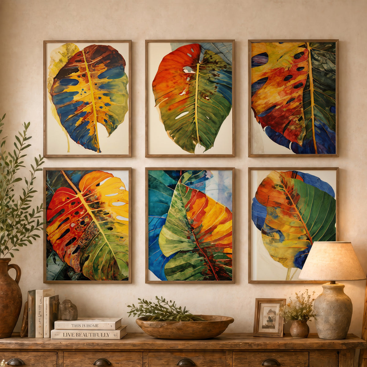 Set of Six Autumn Monstera Leaf Art Prints - 6 Rustic Botanical Posters - Withered Tropical Leaf Watercolour Painting in Rust and Blue