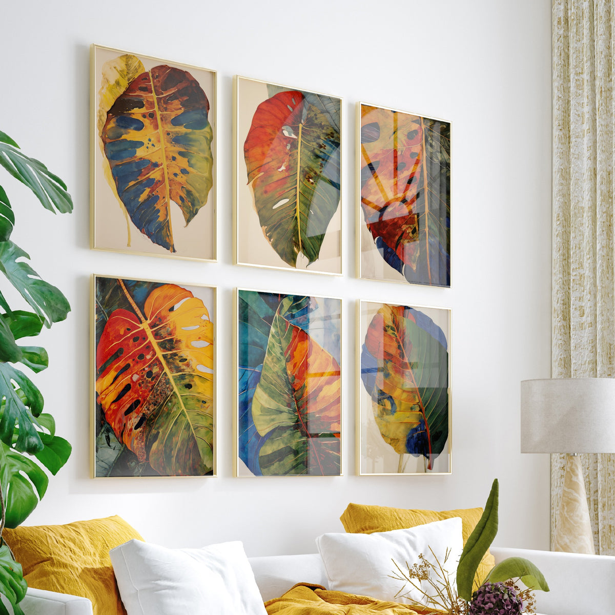 Set of Six Autumn Monstera Leaf Art Prints - 6 Rustic Botanical Posters - Withered Tropical Leaf Watercolour Painting in Rust and Blue