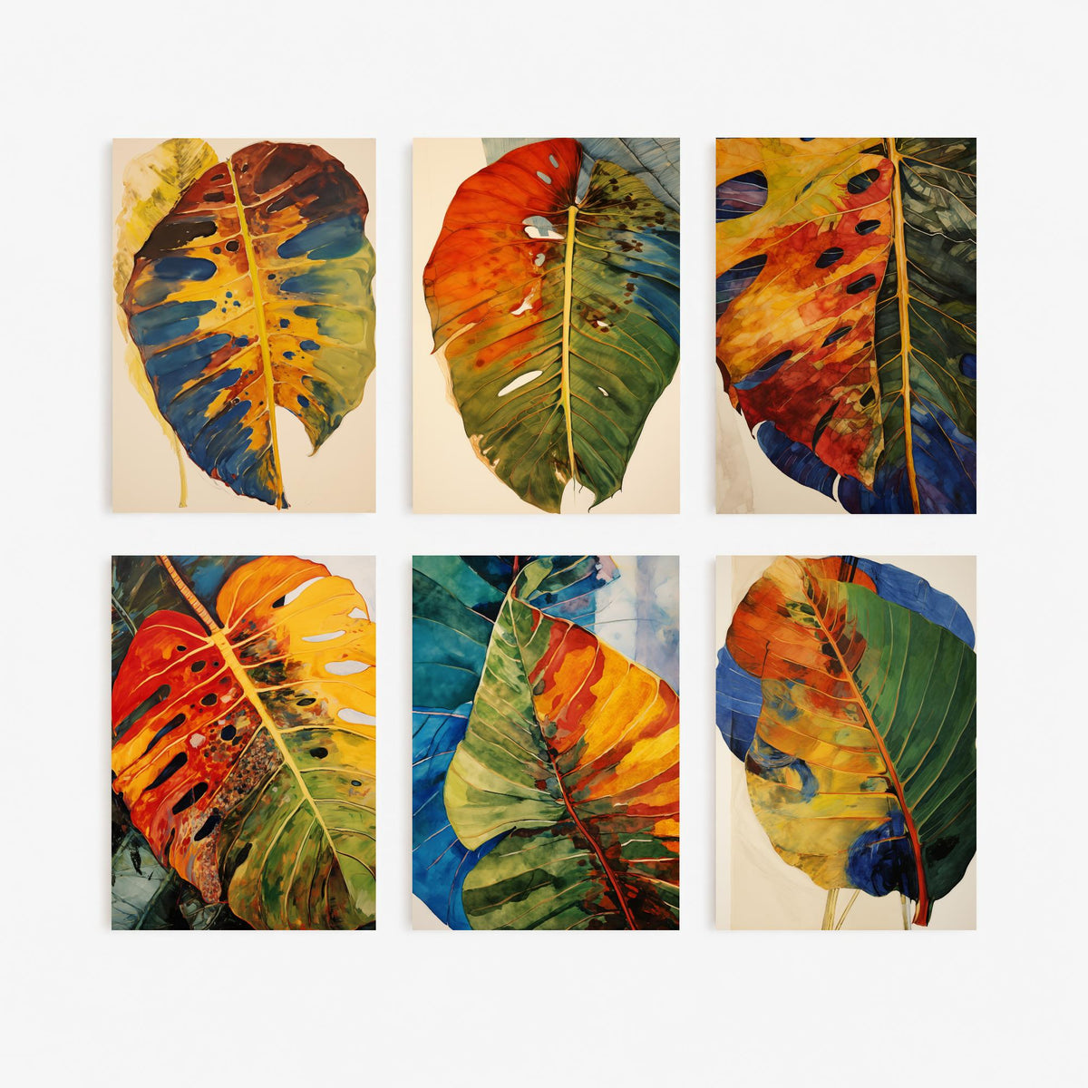 Set of Six Autumn Monstera Leaf Art Prints - 6 Rustic Botanical Posters - Withered Tropical Leaf Watercolour Painting in Rust and Blue