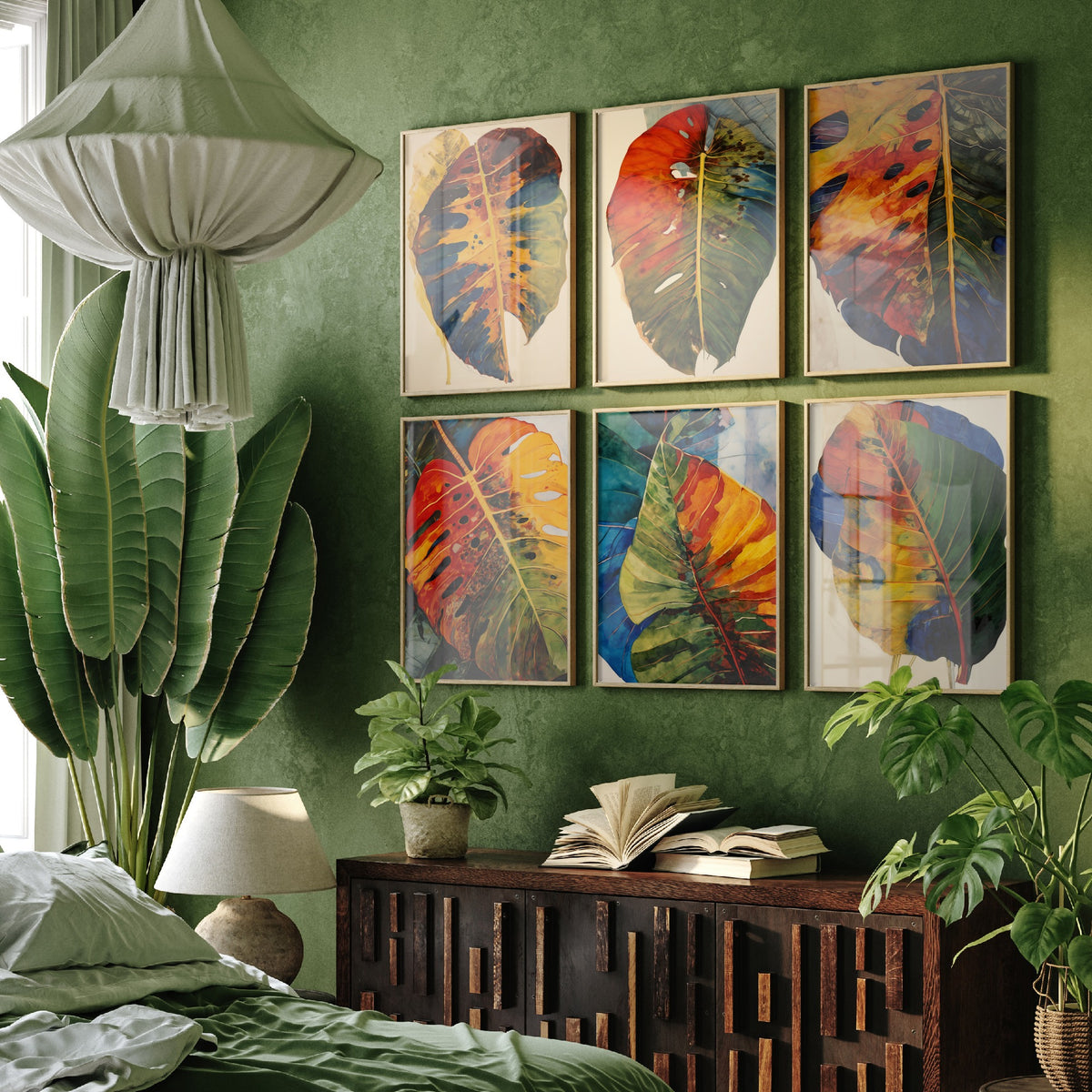 Set of Six Autumn Monstera Leaf Art Prints - 6 Rustic Botanical Posters - Withered Tropical Leaf Watercolour Painting in Rust and Blue