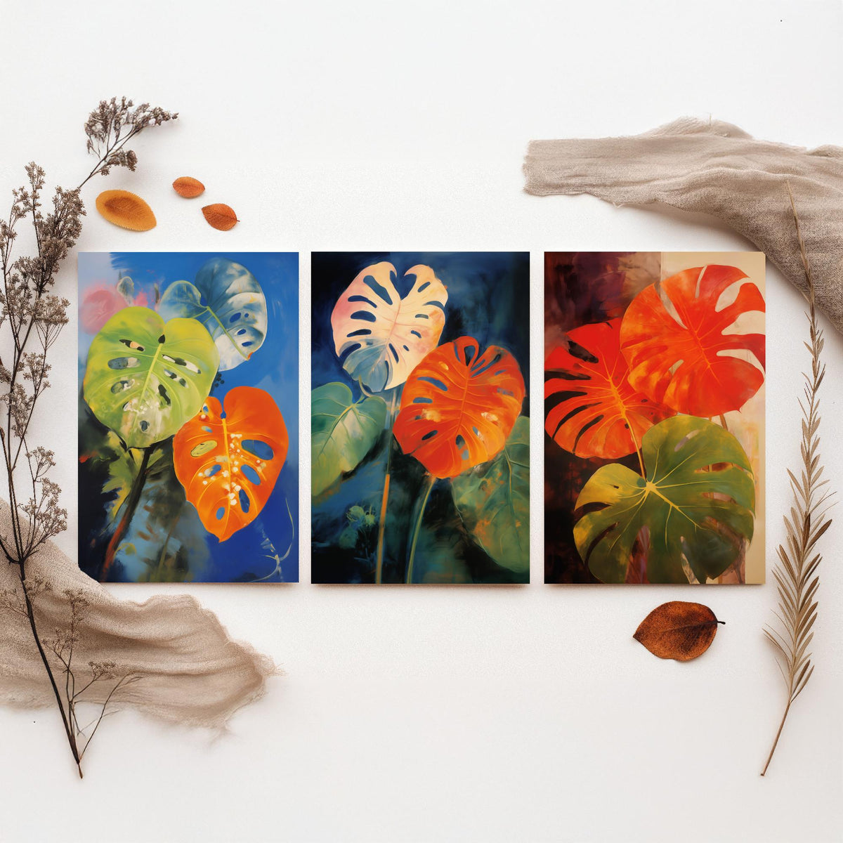 Monstera Leaves After Odilon Redon Set of Three Art Prints - Orange, Blue and Green - Botanical Painting Poster