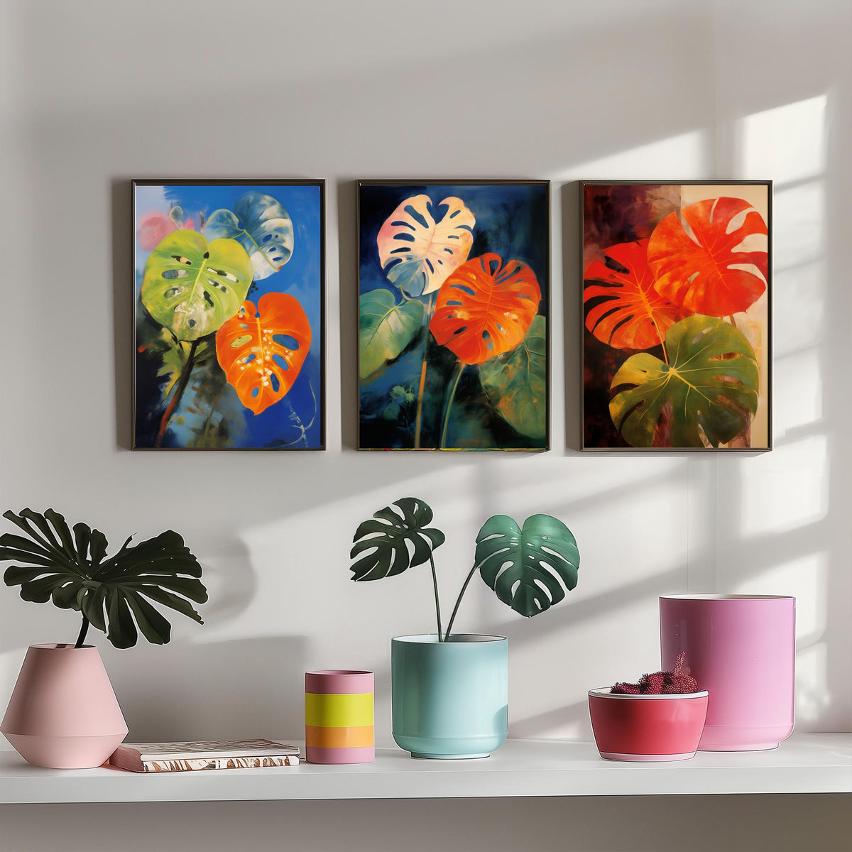 Monstera Leaves After Odilon Redon Set of Three Art Prints - Orange, Blue and Green - Botanical Painting Poster