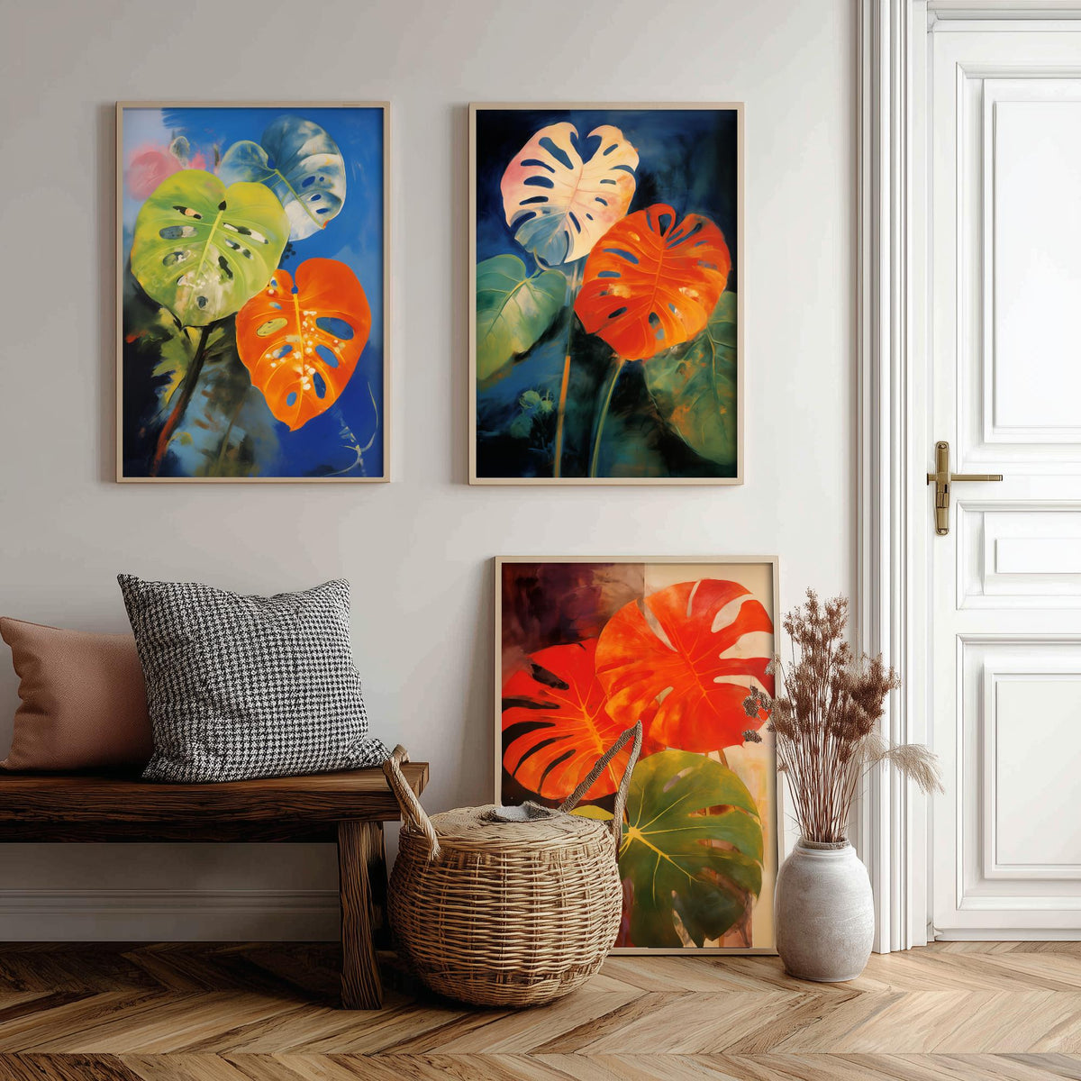 Monstera Leaves After Odilon Redon Set of Three Art Prints - Orange, Blue and Green - Botanical Painting Poster