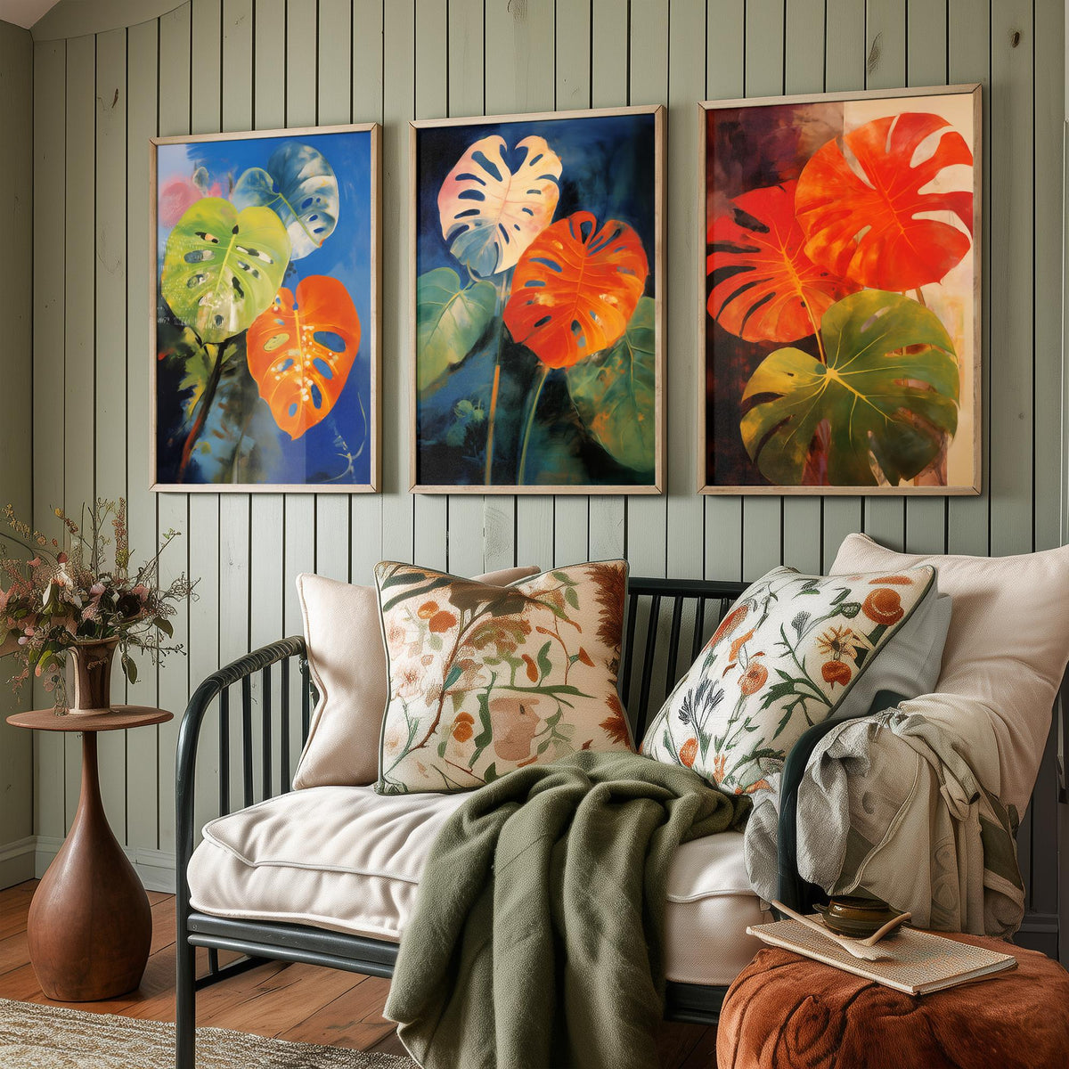 Monstera Leaves After Odilon Redon Set of Three Art Prints - Orange, Blue and Green - Botanical Painting Poster