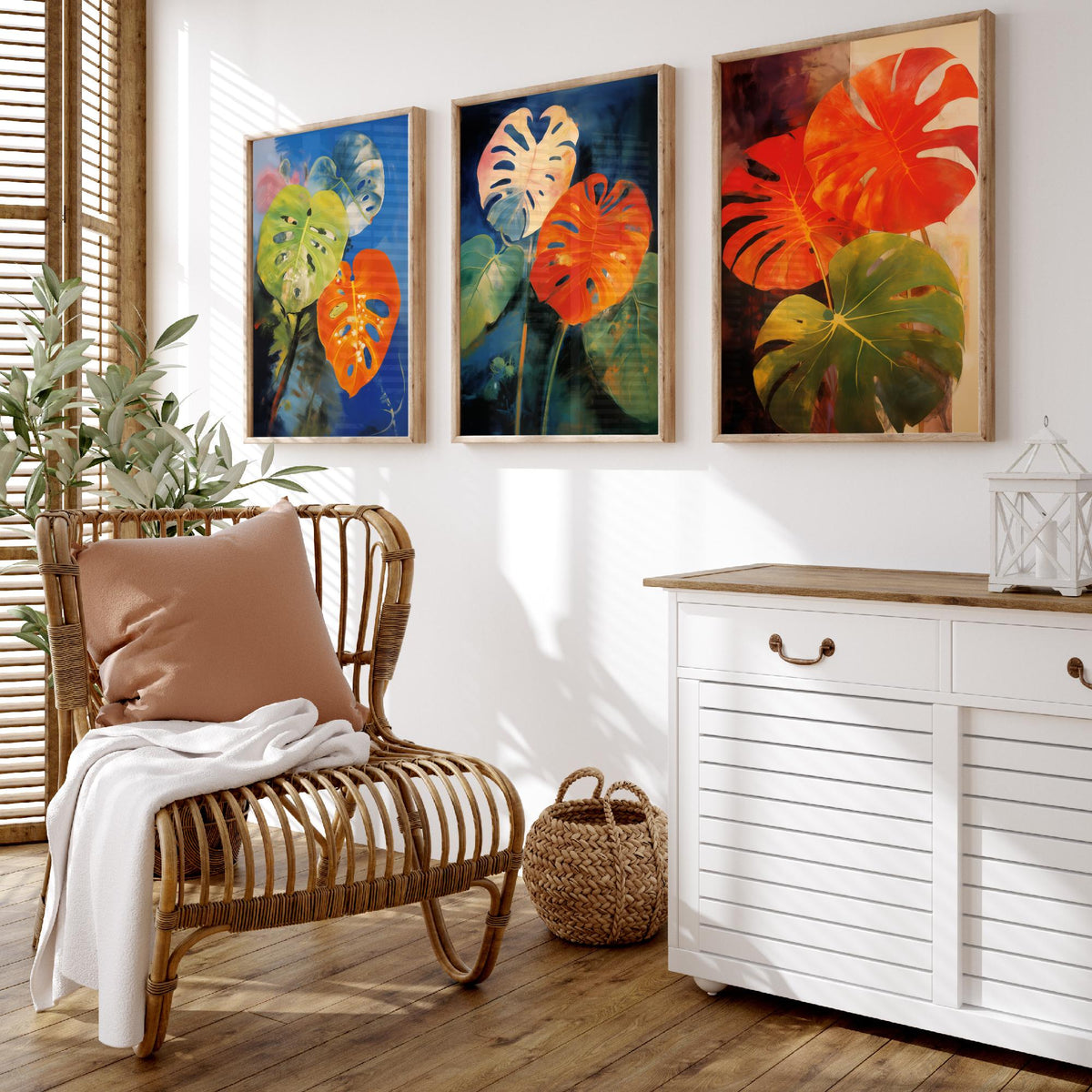 Monstera Leaves After Odilon Redon Set of Three Art Prints - Orange, Blue and Green - Botanical Painting Poster