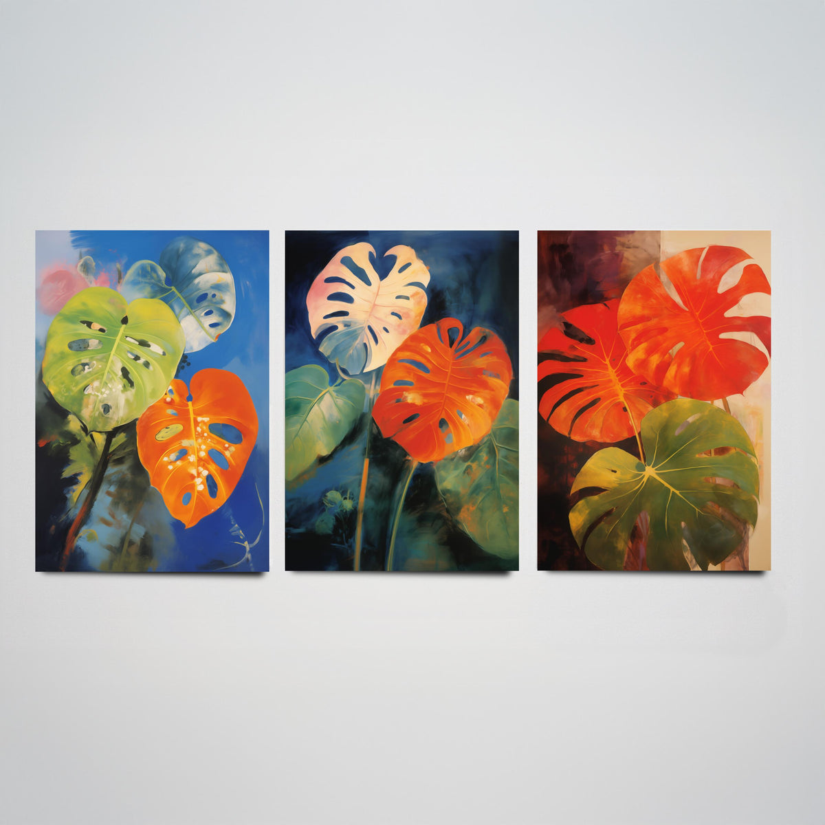 Monstera Leaves After Odilon Redon Set of Three Art Prints - Orange, Blue and Green - Botanical Painting Poster