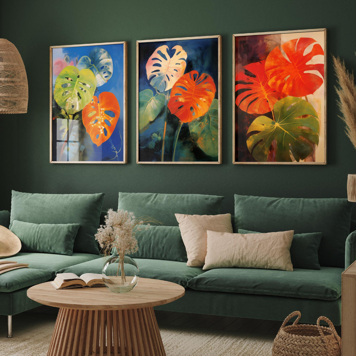 Monstera Leaves After Odilon Redon Set of Three Art Prints - Orange, Blue and Green - Botanical Painting Poster