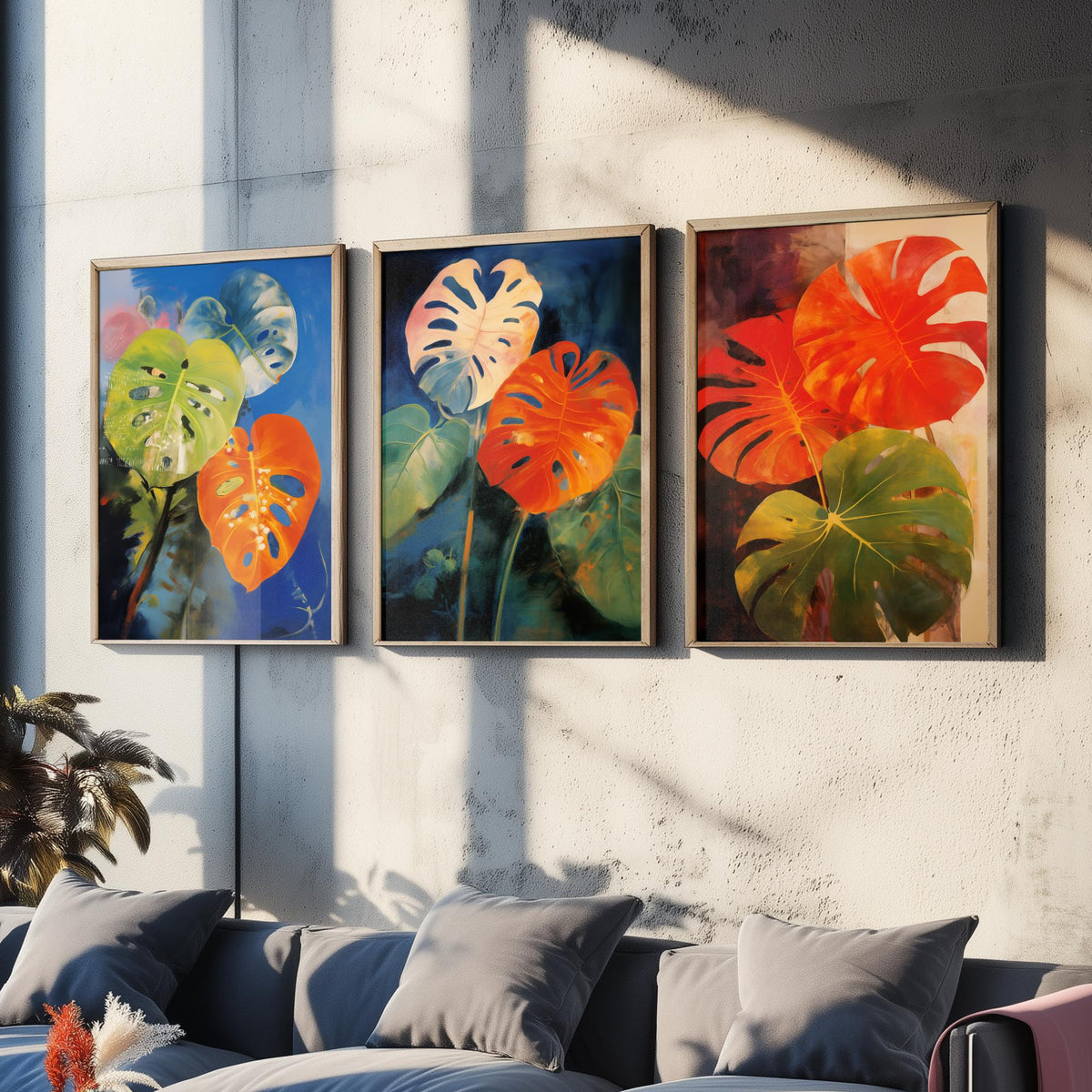 Monstera Leaves After Odilon Redon Set of Three Art Prints - Orange, Blue and Green - Botanical Painting Poster