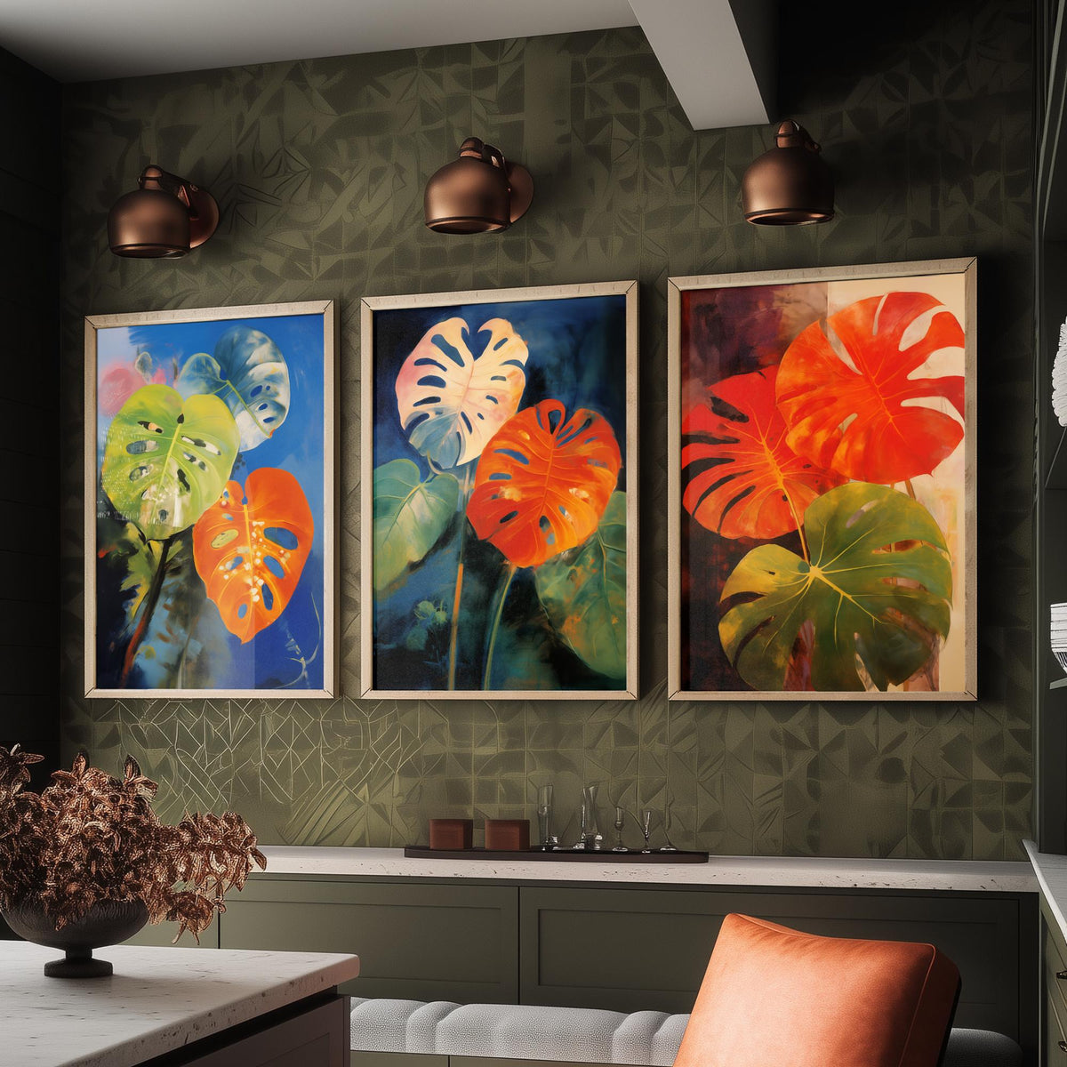 Monstera Leaves After Odilon Redon Set of Three Art Prints - Orange, Blue and Green - Botanical Painting Poster