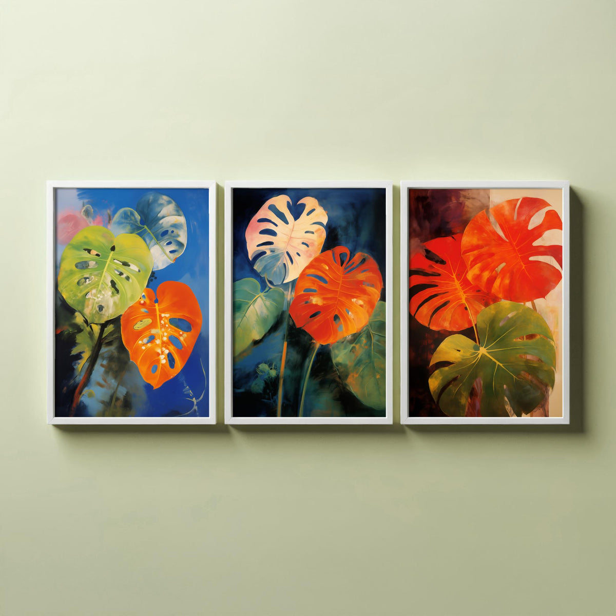 Monstera Leaves After Odilon Redon Set of Three Art Prints - Orange, Blue and Green - Botanical Painting Poster