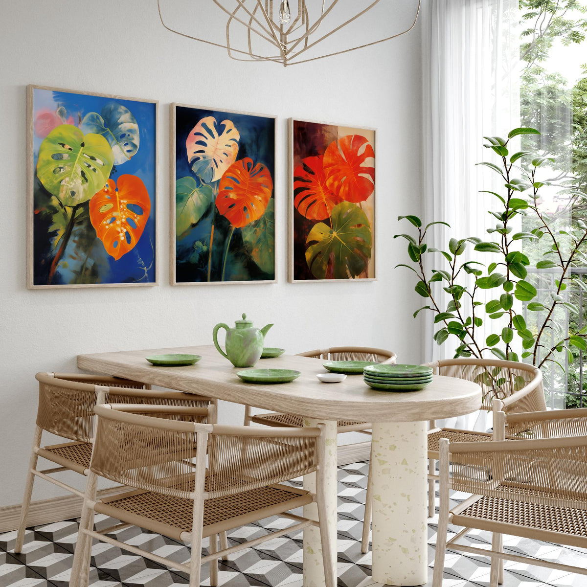 Monstera Leaves After Odilon Redon Set of Three Art Prints - Orange, Blue and Green - Botanical Painting Poster