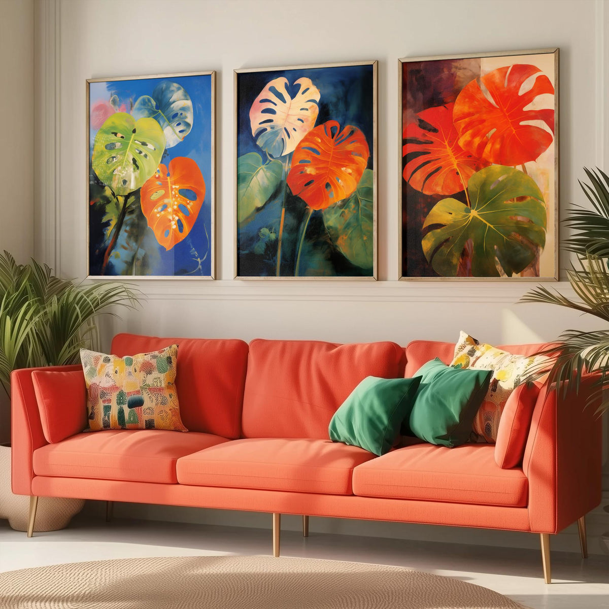 Monstera Leaves After Odilon Redon Set of Three Art Prints - Orange, Blue and Green - Botanical Painting Poster