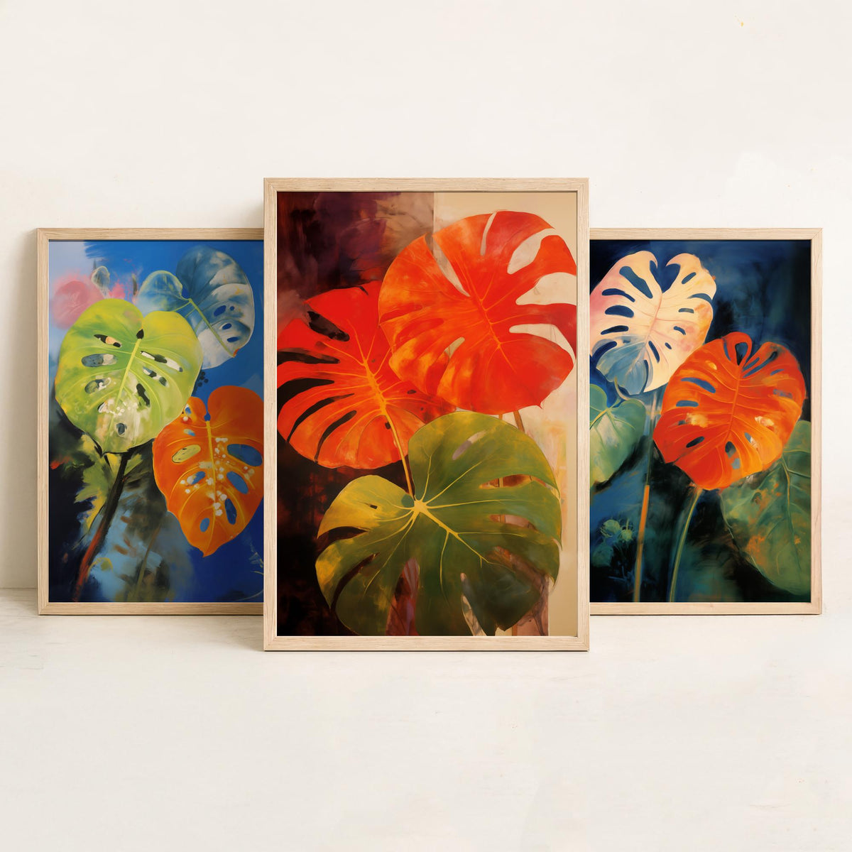 Monstera Leaves After Odilon Redon Set of Three Art Prints - Orange, Blue and Green - Botanical Painting Poster