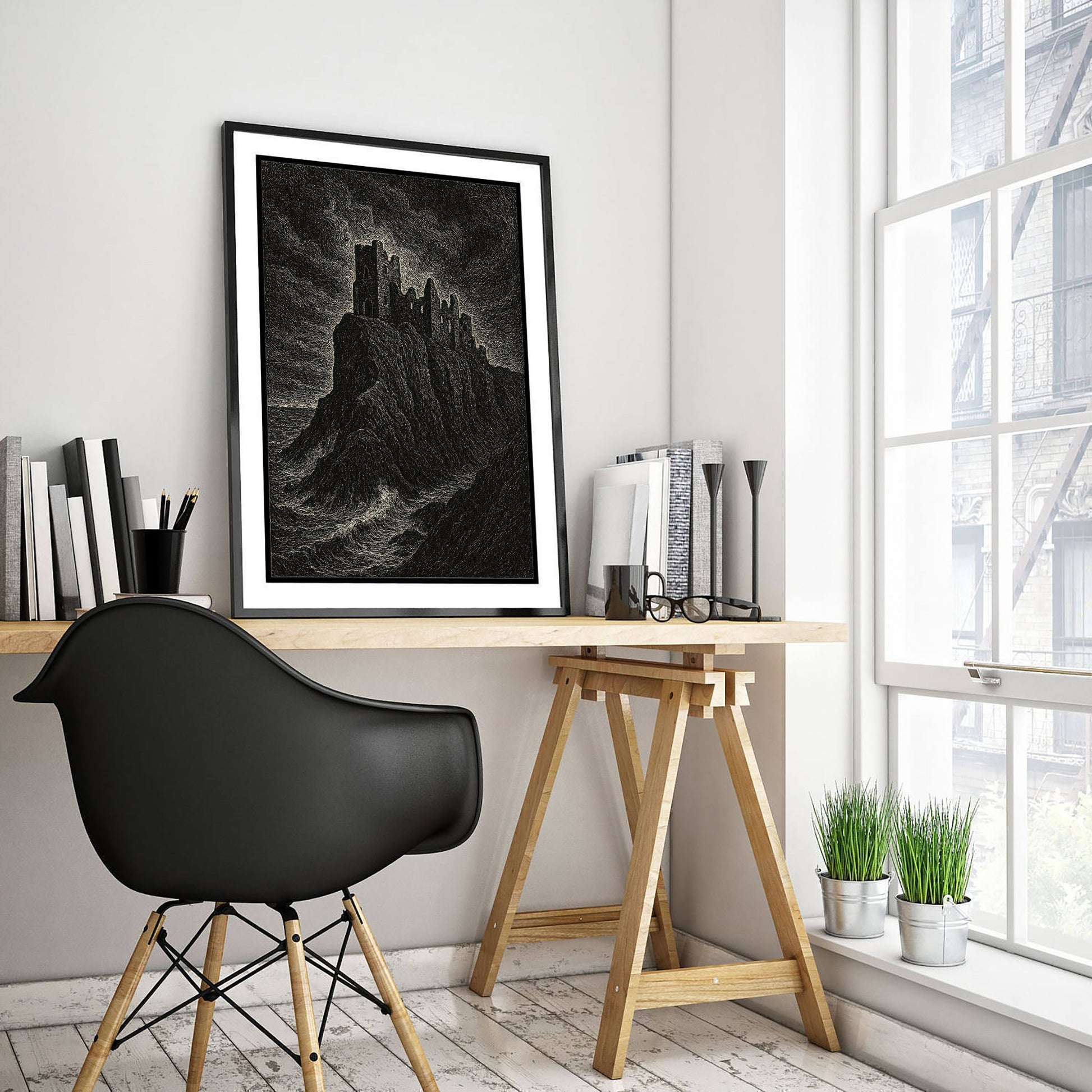 Dunnottar Castle Art Print - Moody Woodcut Poster - Dramatic UK Landmark Illustration - Scotland 1/3