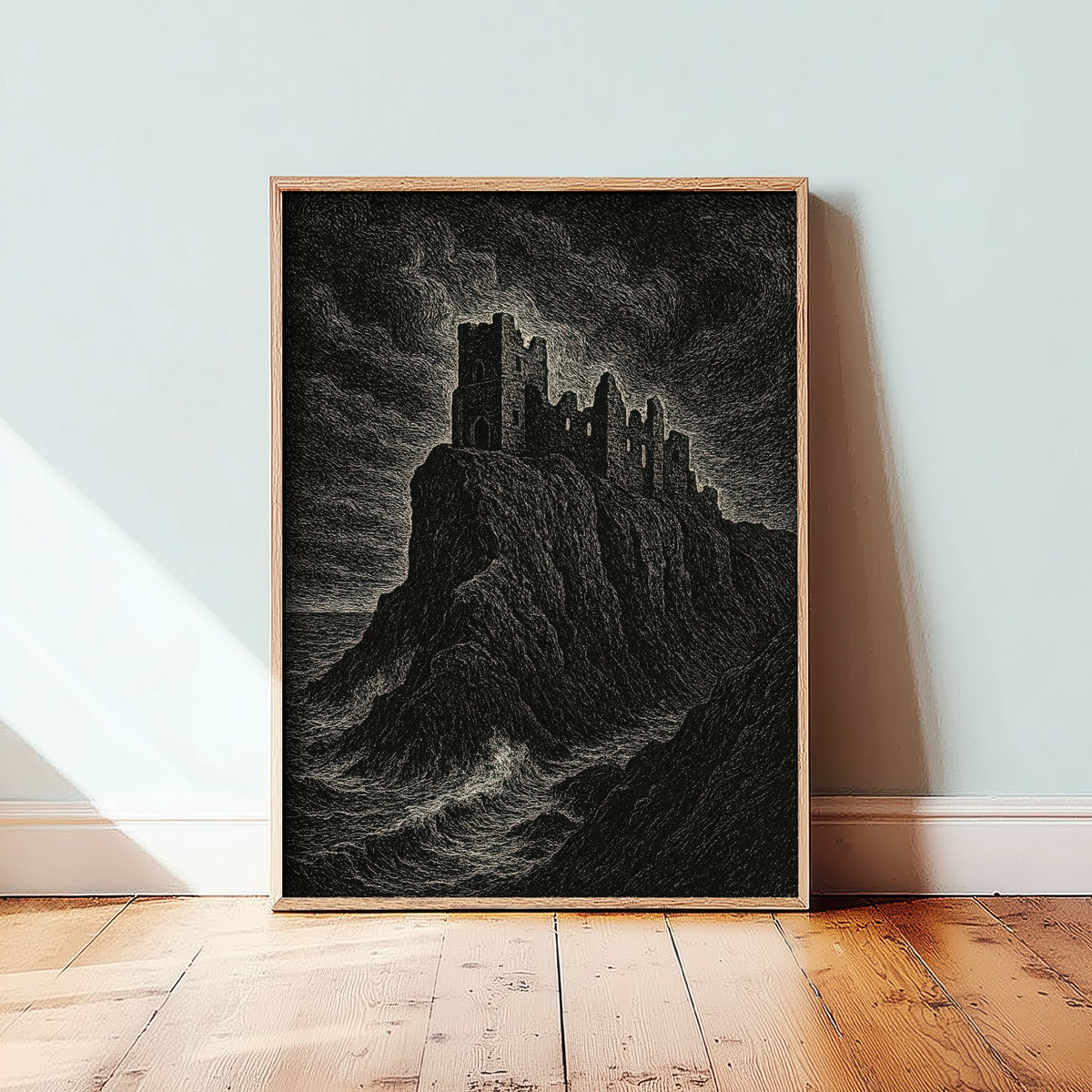 Dunnottar Castle Art Print - Moody Woodcut Poster - Dramatic UK Landmark Illustration - Scotland 1/3