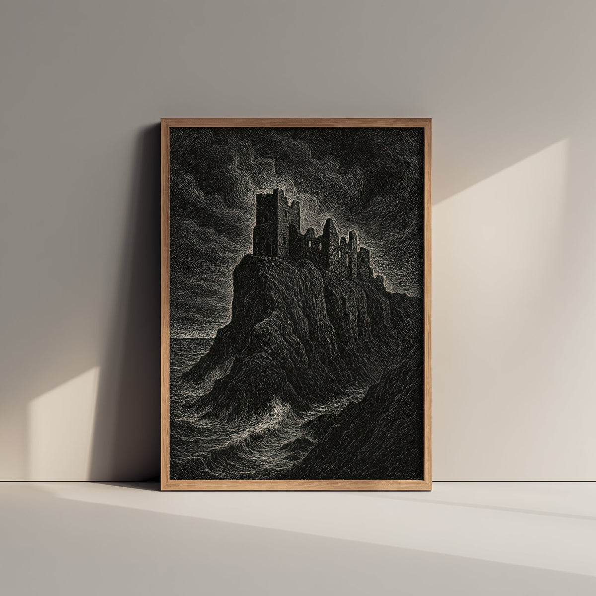 Dunnottar Castle Art Print - Moody Woodcut Poster - Dramatic UK Landmark Illustration - Scotland 1/3