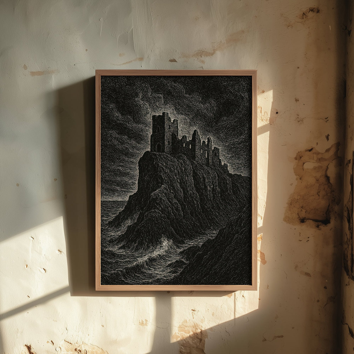 Dunnottar Castle Art Print - Moody Woodcut Poster - Dramatic UK Landmark Illustration - Scotland 1/3