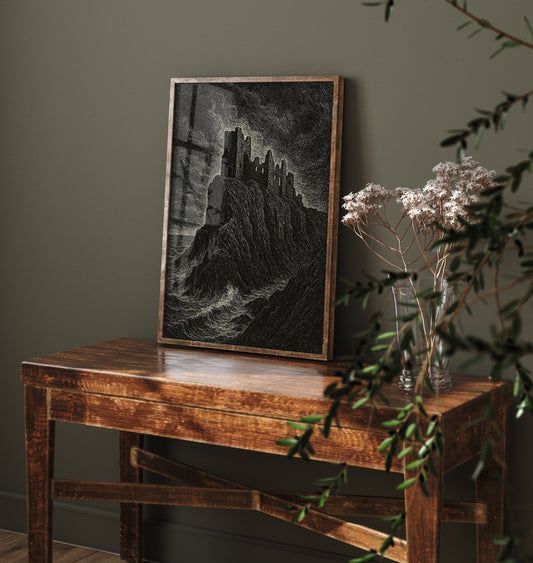 Dunnottar Castle Art Print - Moody Woodcut Poster - Dramatic UK Landmark Illustration - Scotland 1/3
