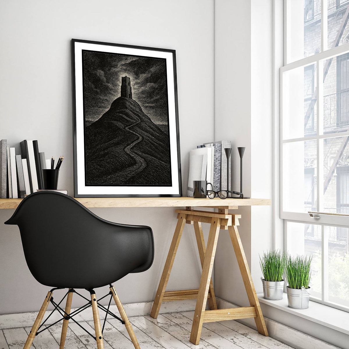 Glastonbury Tor Art Print - Moody Woodcut Poster - Dramatic UK Landmark Illustration - Somerset 2/3