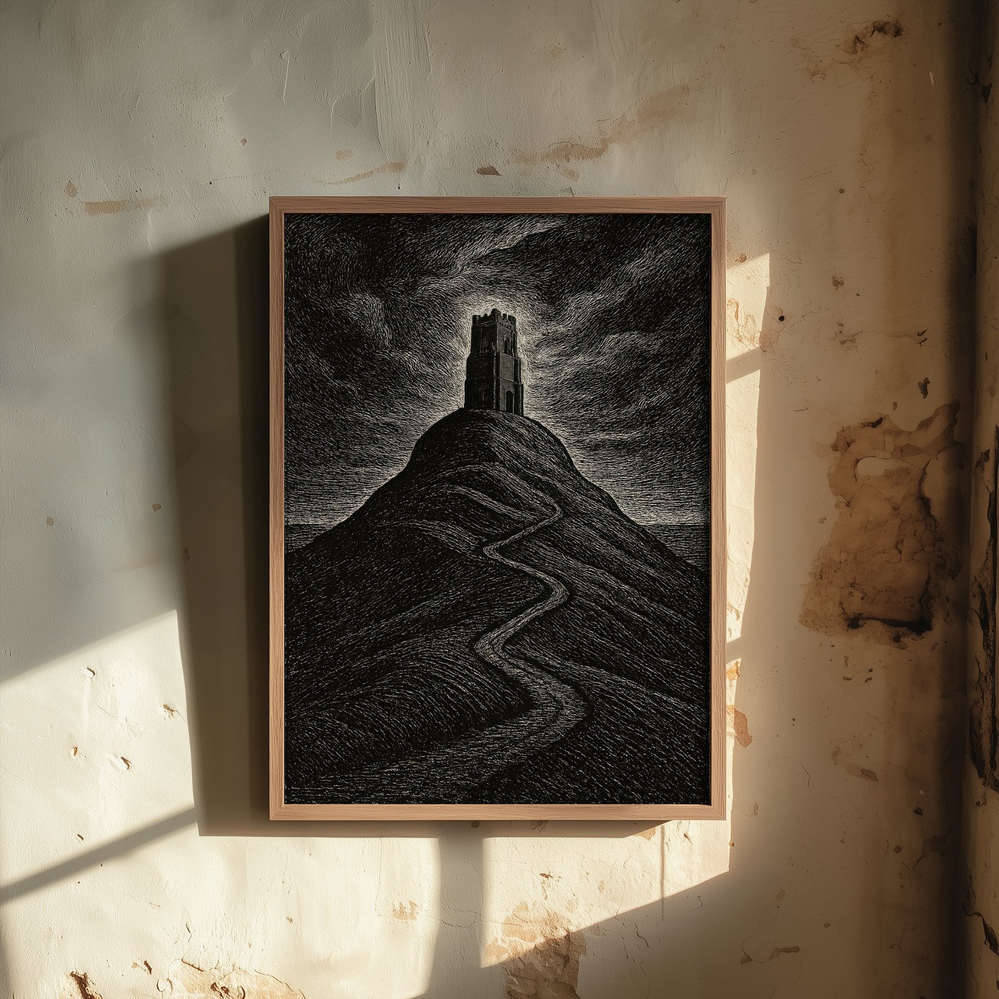 Glastonbury Tor Art Print - Moody Woodcut Poster - Dramatic UK Landmark Illustration - Somerset 2/3