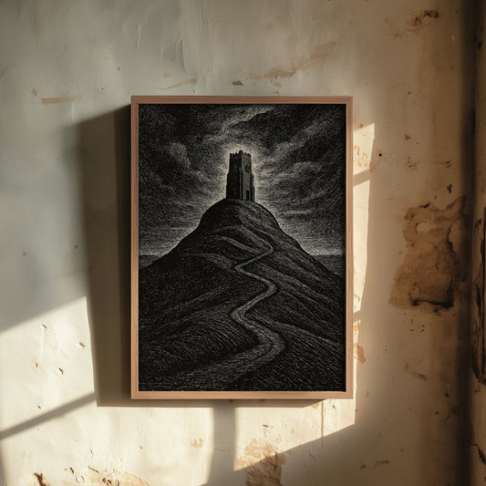 Glastonbury Tor Art Print - Moody Woodcut Poster - Dramatic UK Landmark Illustration - Somerset 2/3