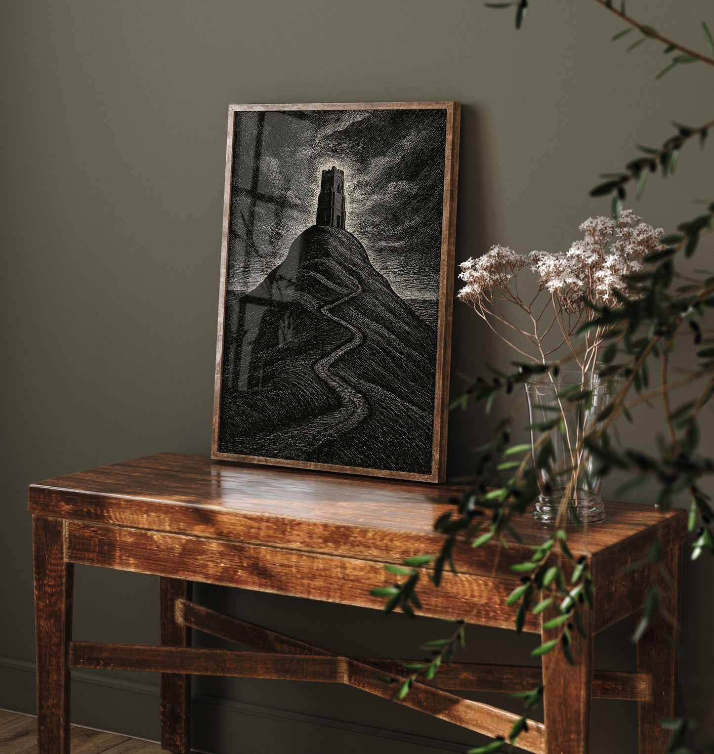 Glastonbury Tor Art Print - Moody Woodcut Poster - Dramatic UK Landmark Illustration - Somerset 2/3