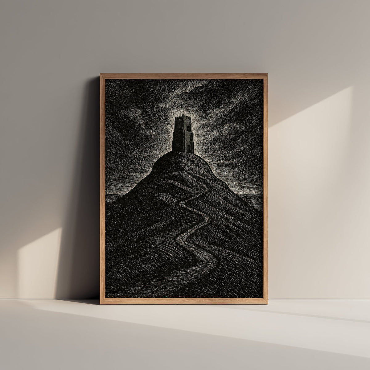 Glastonbury Tor Art Print - Moody Woodcut Poster - Dramatic UK Landmark Illustration - Somerset 2/3