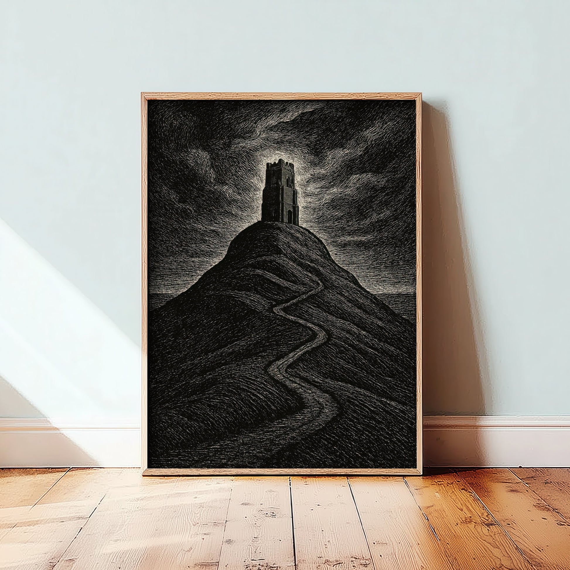 Glastonbury Tor Art Print - Moody Woodcut Poster - Dramatic UK Landmark Illustration - Somerset 2/3