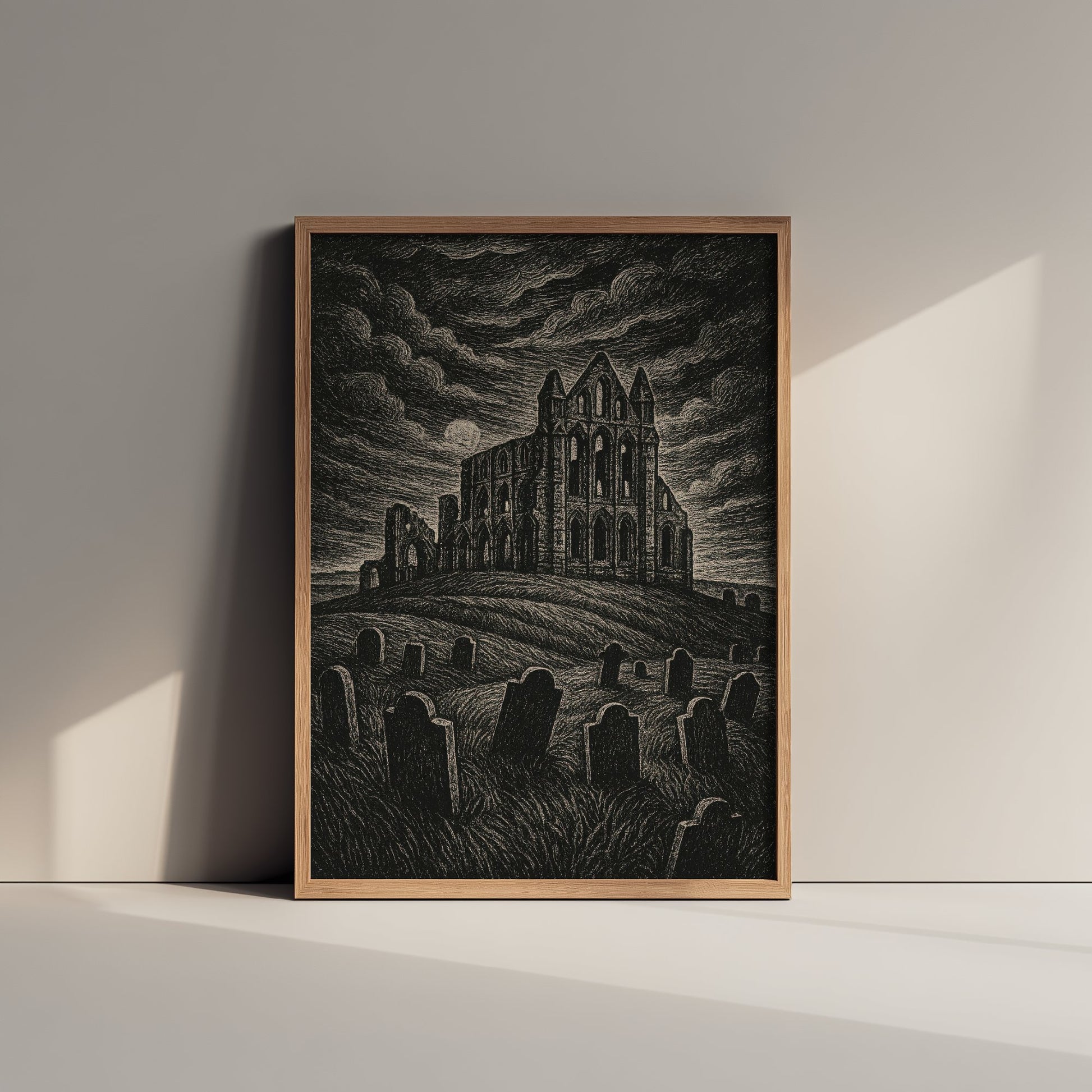 Whitby Abbey Art Print - Moody Woodcut Poster - Dramatic UK Landmark Illustration - Yorkshire 3/3
