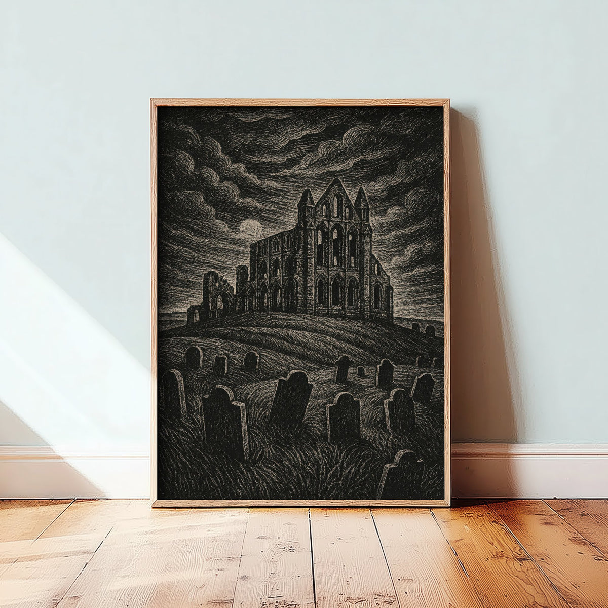 Whitby Abbey Art Print - Moody Woodcut Poster - Dramatic UK Landmark Illustration - Yorkshire 3/3