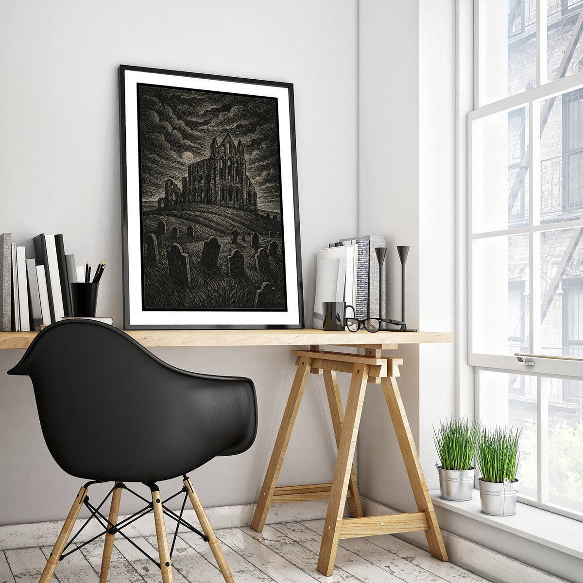 Whitby Abbey Art Print - Moody Woodcut Poster - Dramatic UK Landmark Illustration - Yorkshire 3/3