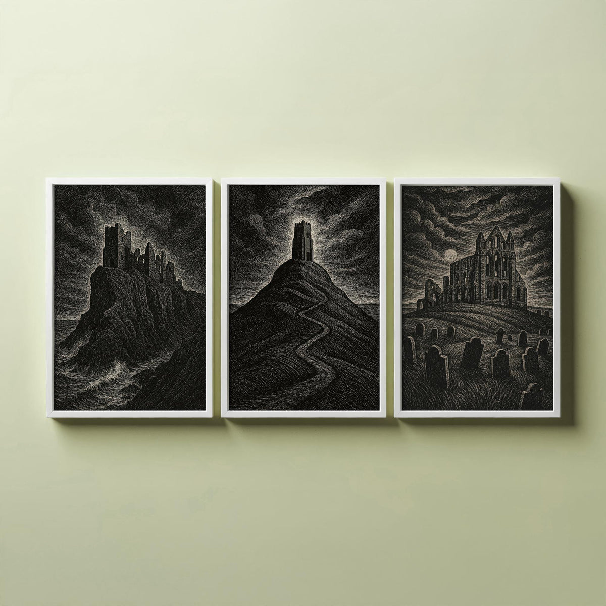 Set of Three Gothic UK Landmarks Posters - Dunnottar Castle, Glastonbury Tor, Whitby Abbey - 3 Woodcut Art Prints Illustration
