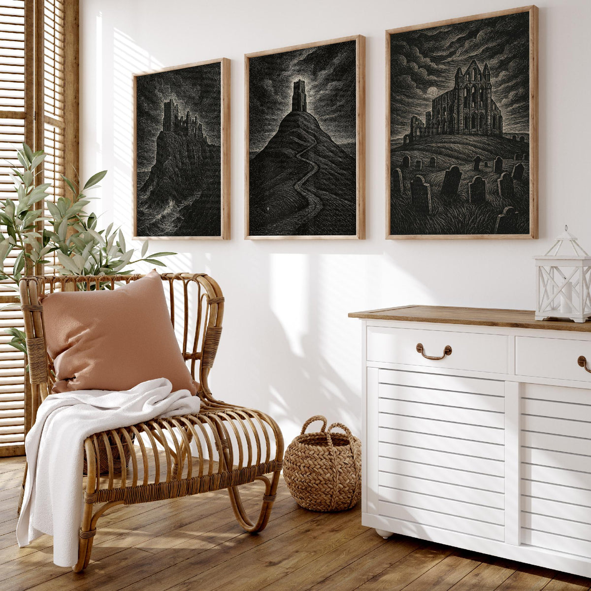 Set of Three Gothic UK Landmarks Posters - Dunnottar Castle, Glastonbury Tor, Whitby Abbey - 3 Woodcut Art Prints Illustration