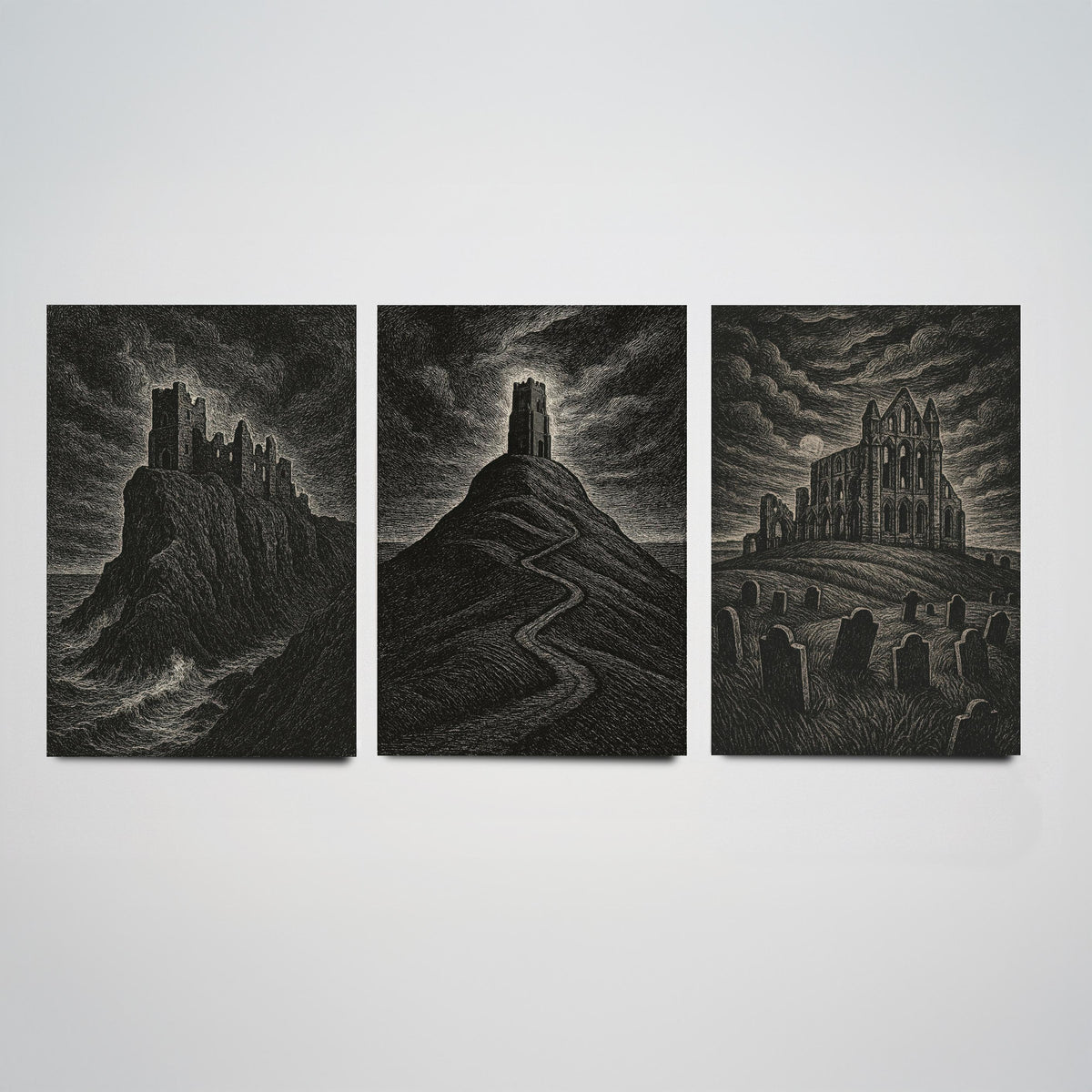 Set of Three Gothic UK Landmarks Posters - Dunnottar Castle, Glastonbury Tor, Whitby Abbey - 3 Woodcut Art Prints Illustration