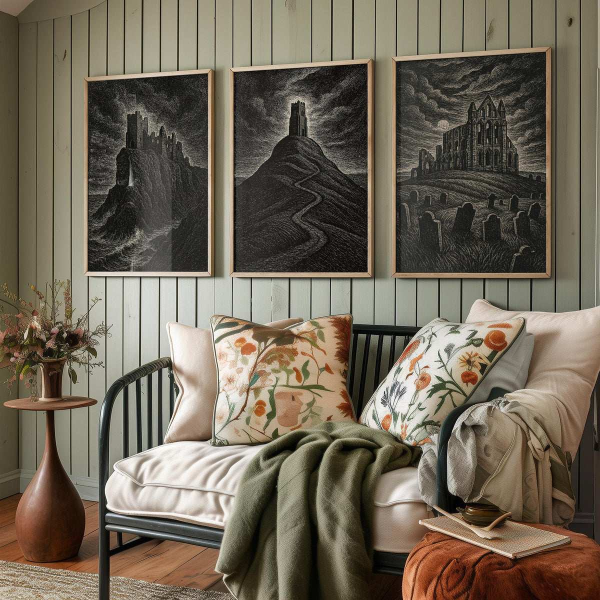 Set of Three Gothic UK Landmarks Posters - Dunnottar Castle, Glastonbury Tor, Whitby Abbey - 3 Woodcut Art Prints Illustration