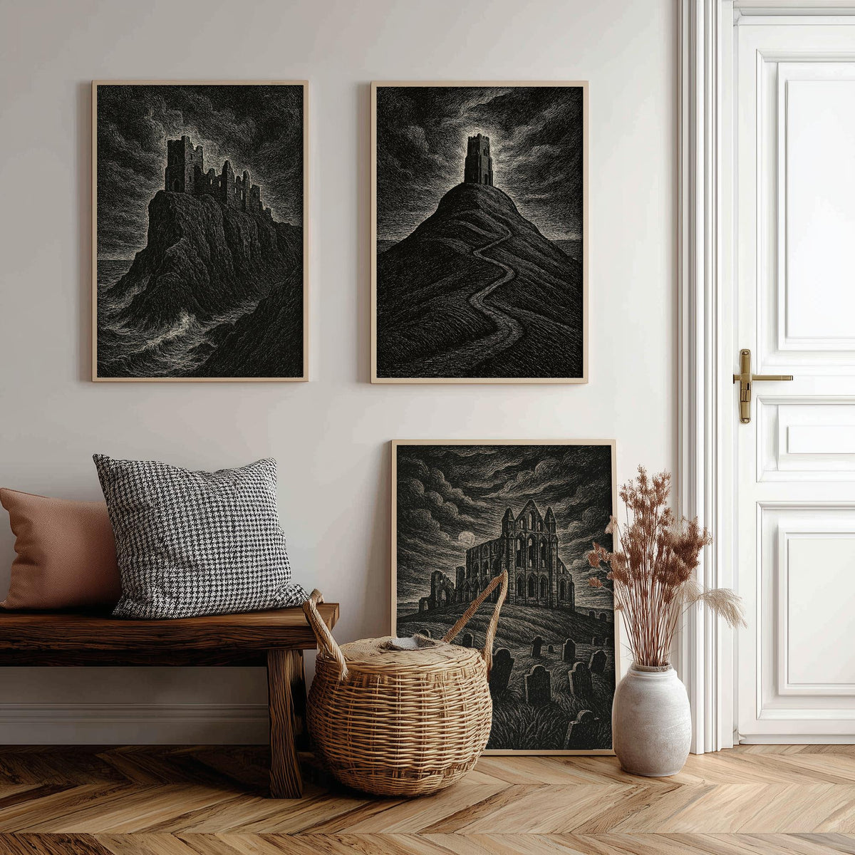Set of Three Gothic UK Landmarks Posters - Dunnottar Castle, Glastonbury Tor, Whitby Abbey - 3 Woodcut Art Prints Illustration