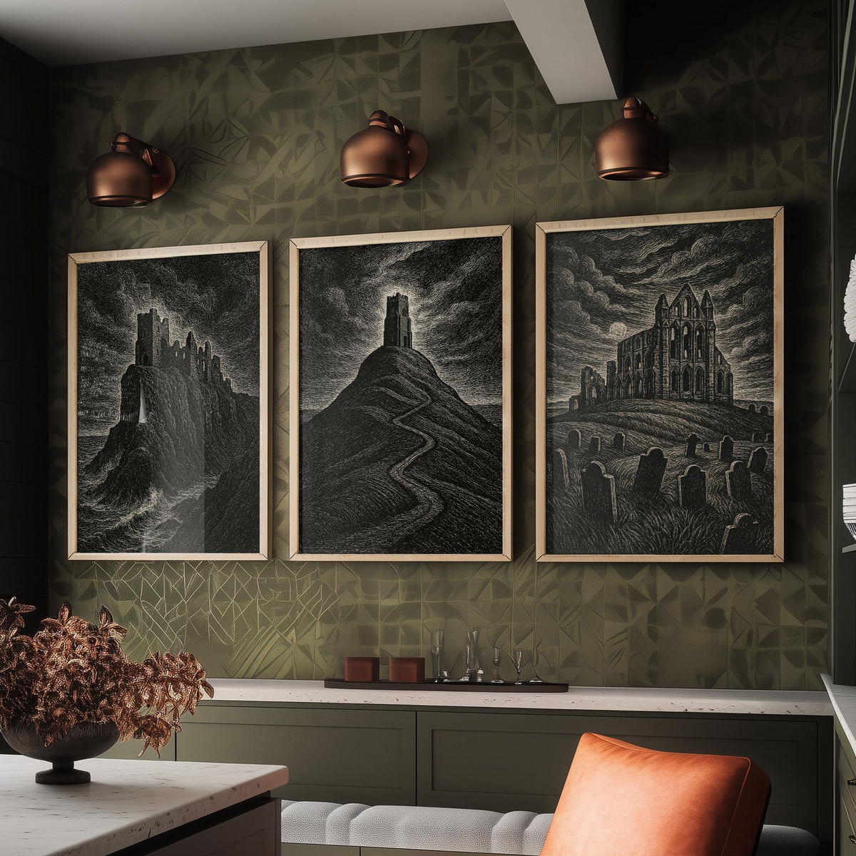 Set of Three Gothic UK Landmarks Posters - Dunnottar Castle, Glastonbury Tor, Whitby Abbey - 3 Woodcut Art Prints Illustration