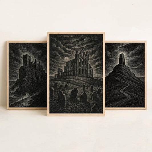 Set of Three Gothic UK Landmarks Posters - Dunnottar Castle, Glastonbury Tor, Whitby Abbey - 3 Woodcut Art Prints Illustration
