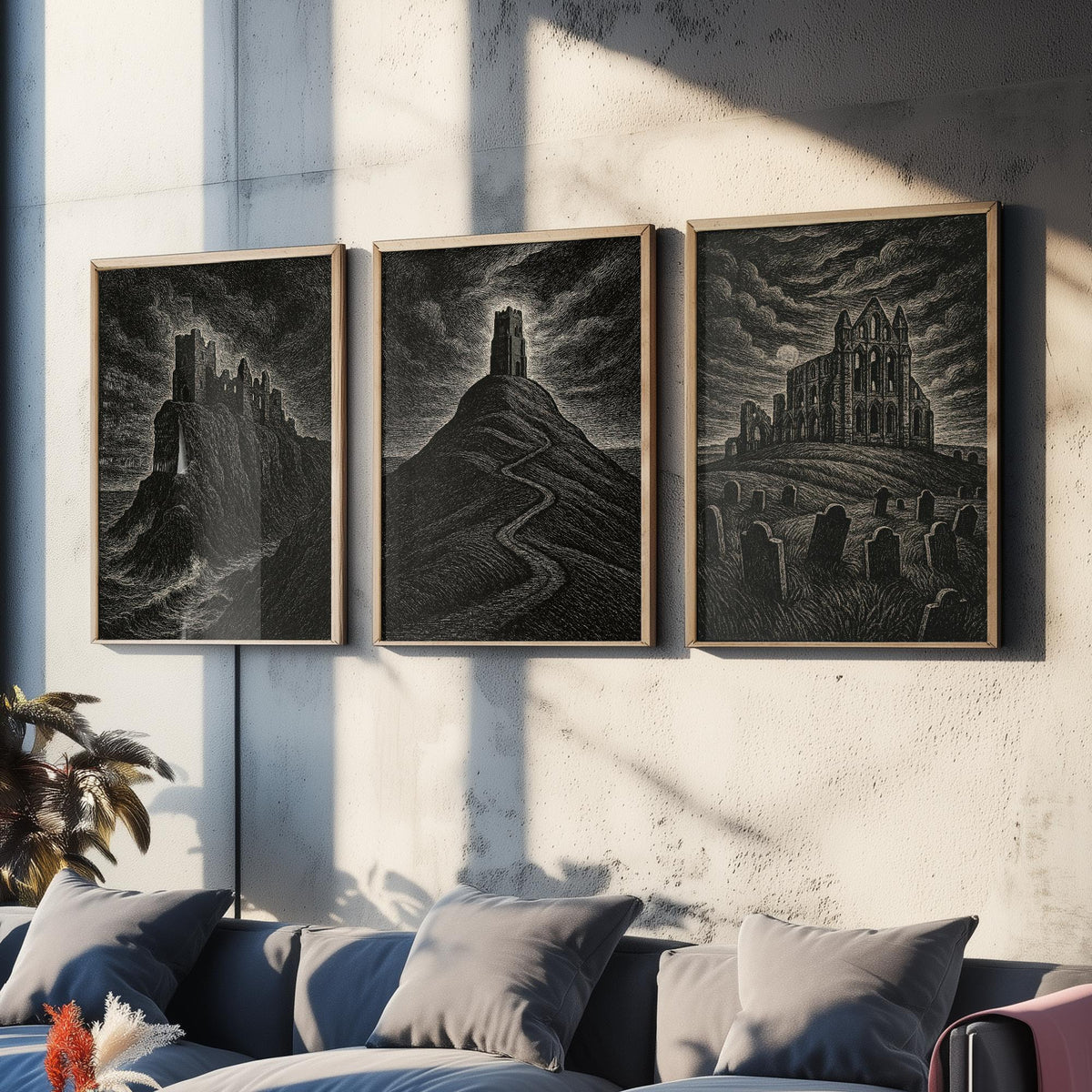 Set of Three Gothic UK Landmarks Posters - Dunnottar Castle, Glastonbury Tor, Whitby Abbey - 3 Woodcut Art Prints Illustration