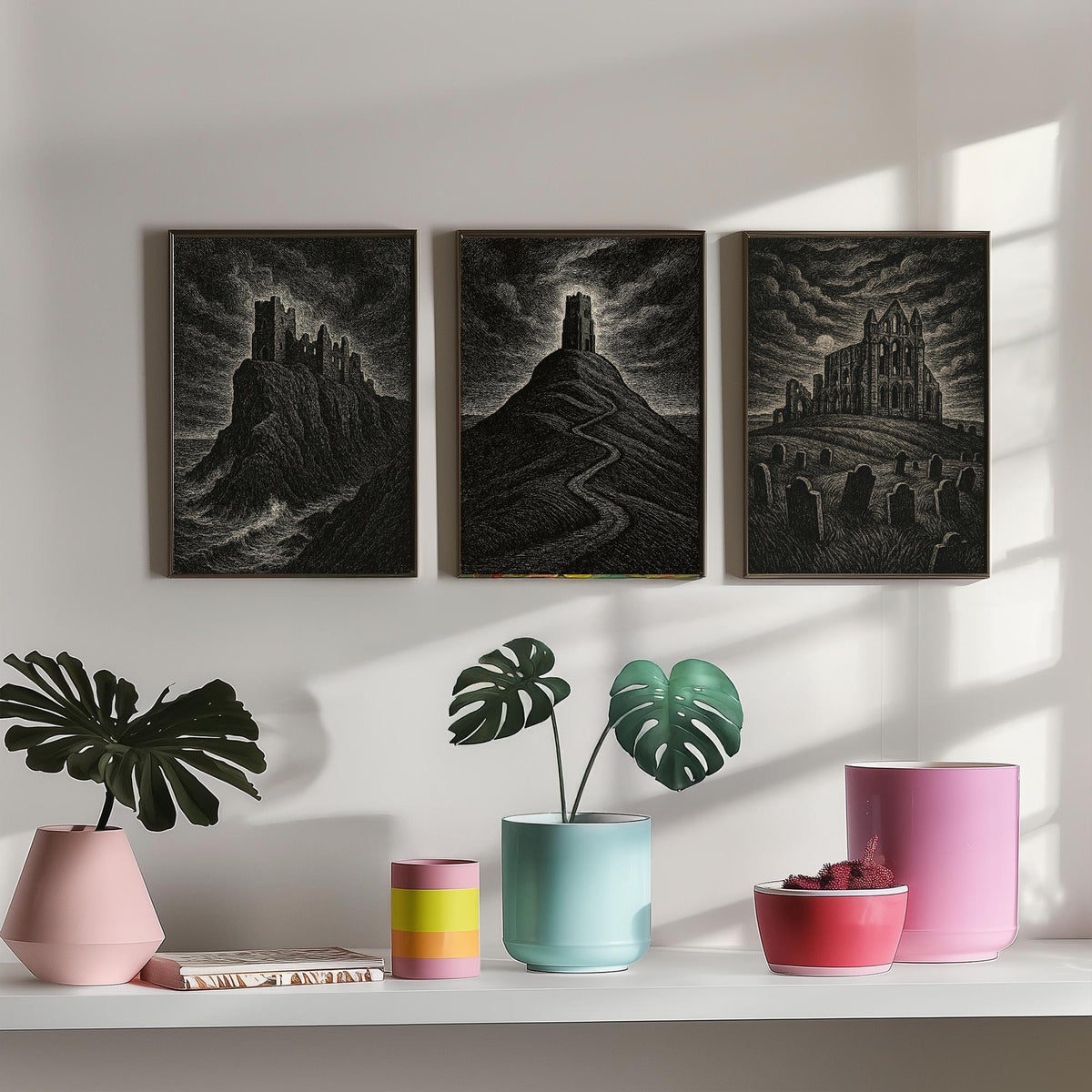 Set of Three Gothic UK Landmarks Posters - Dunnottar Castle, Glastonbury Tor, Whitby Abbey - 3 Woodcut Art Prints Illustration