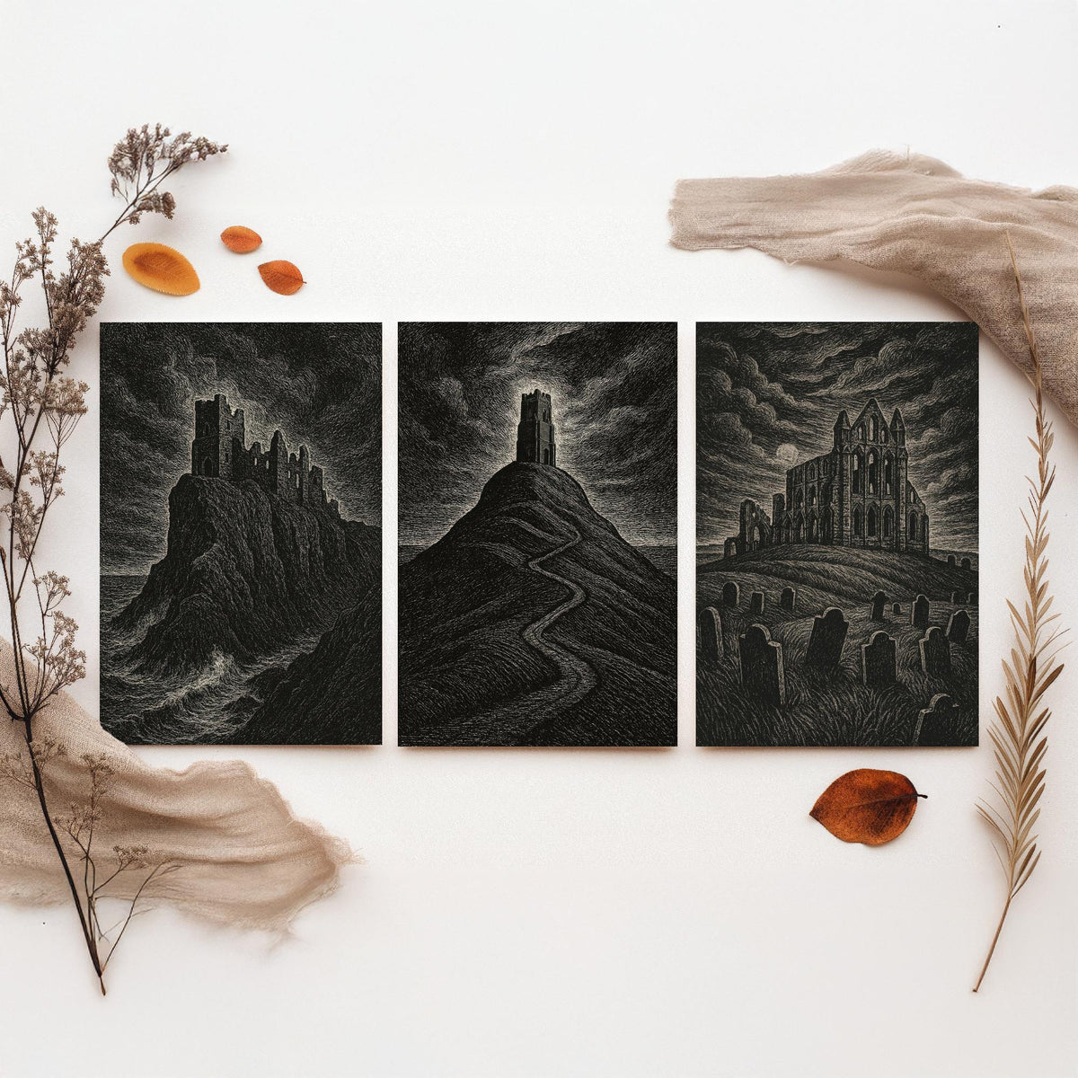 Set of Three Gothic UK Landmarks Posters - Dunnottar Castle, Glastonbury Tor, Whitby Abbey - 3 Woodcut Art Prints Illustration