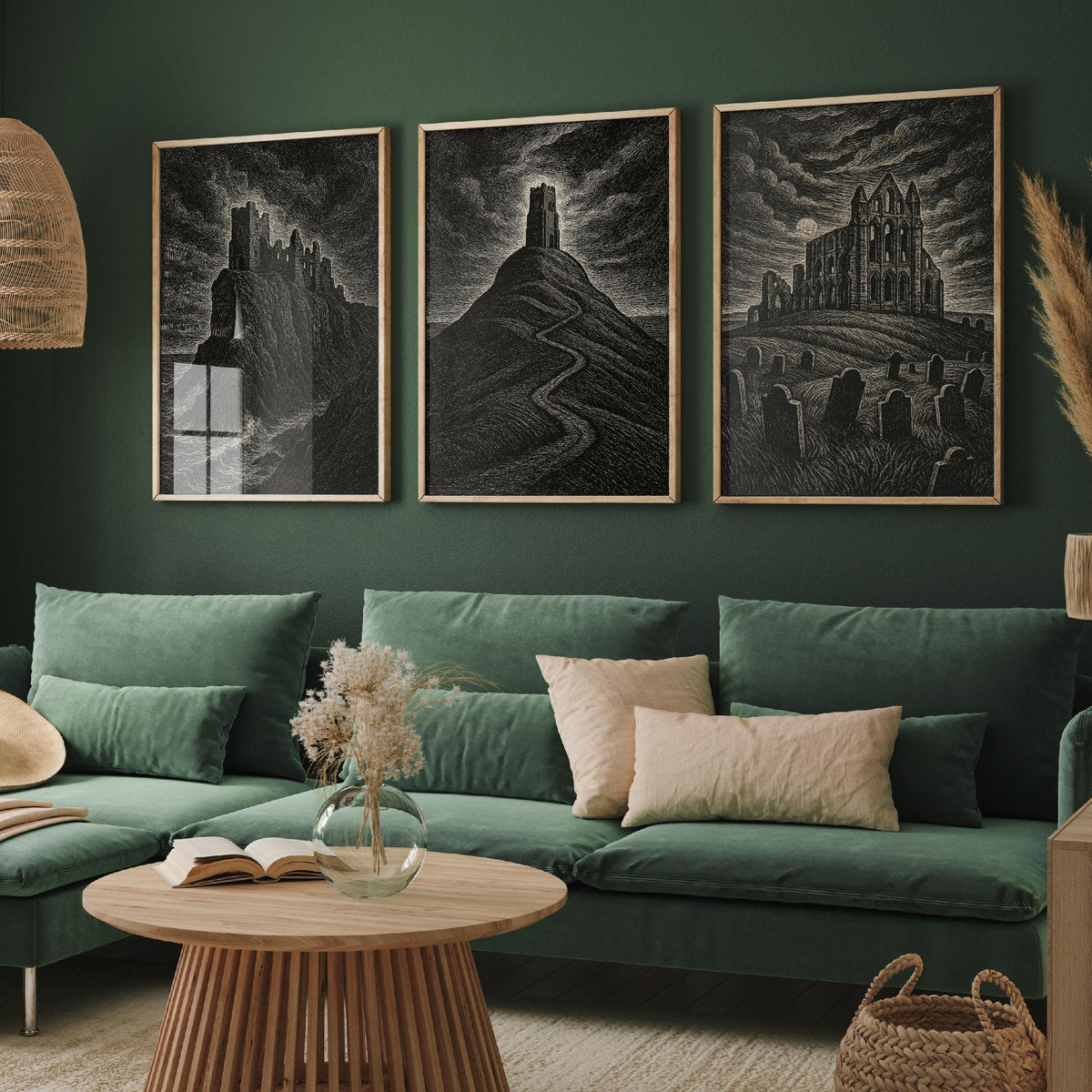 Set of Three Gothic UK Landmarks Posters - Dunnottar Castle, Glastonbury Tor, Whitby Abbey - 3 Woodcut Art Prints Illustration