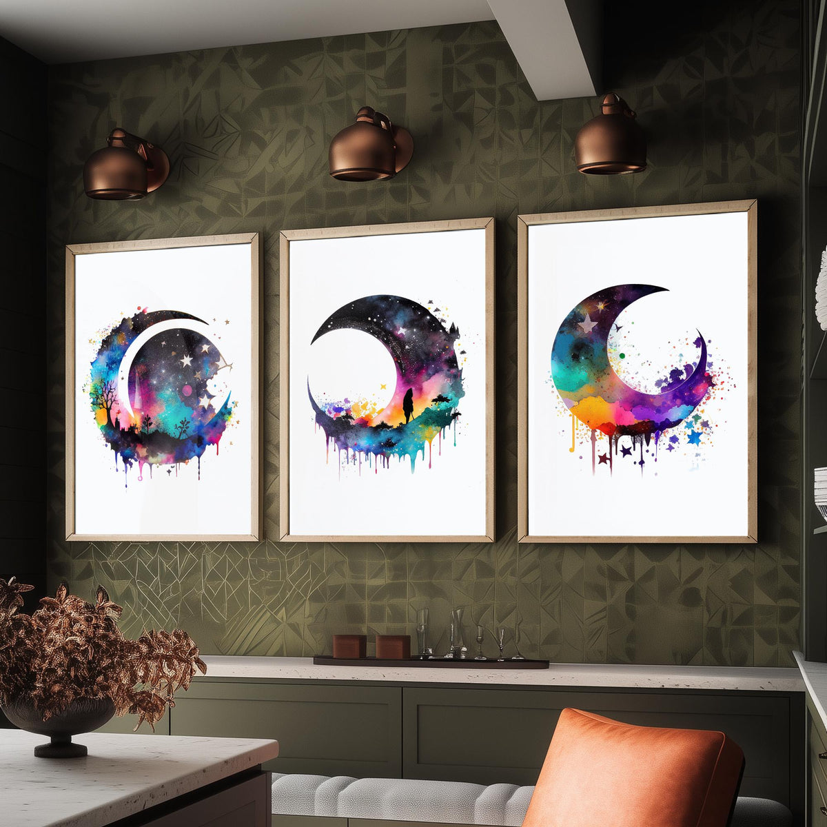 Moon and Stars Watercolour Set of Three Art Prints - Galaxy Crescent Moons - Rainbow Celestial Poster Painting