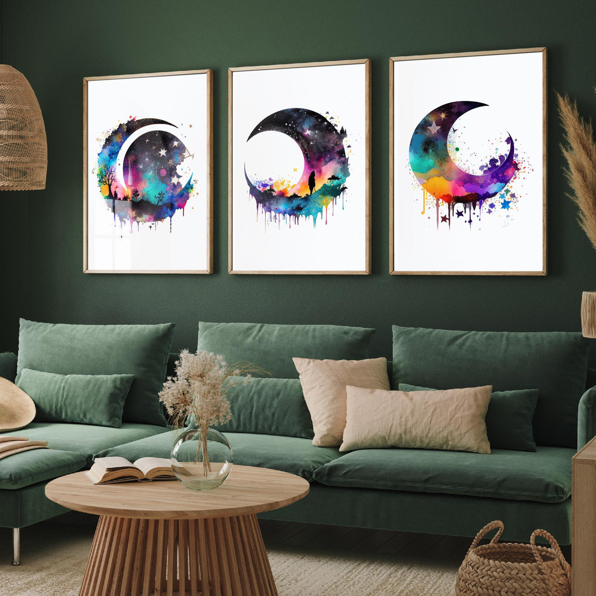 Moon and Stars Watercolour Set of Three Art Prints - Galaxy Crescent Moons - Rainbow Celestial Poster Painting