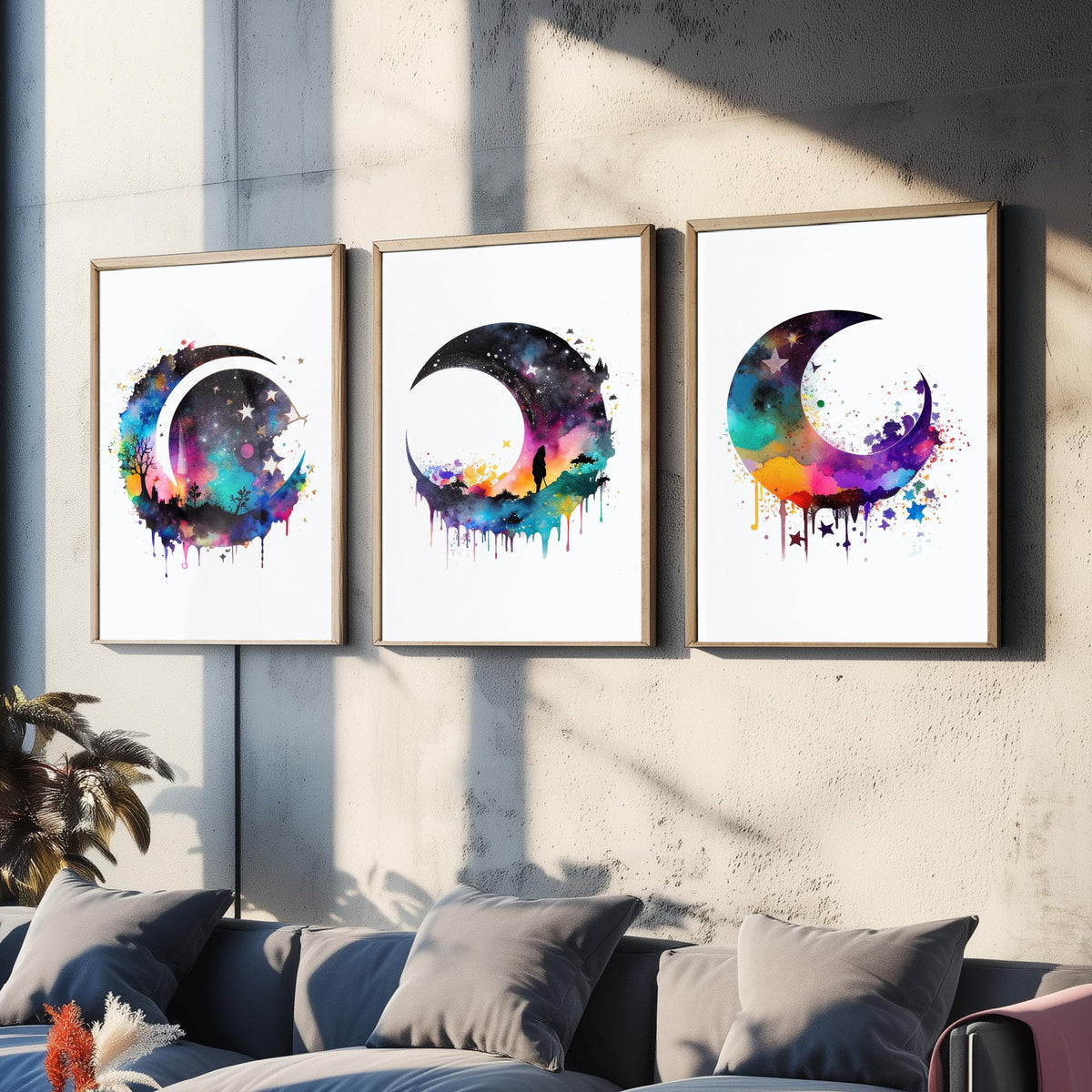Moon and Stars Watercolour Set of Three Art Prints - Galaxy Crescent Moons - Rainbow Celestial Poster Painting