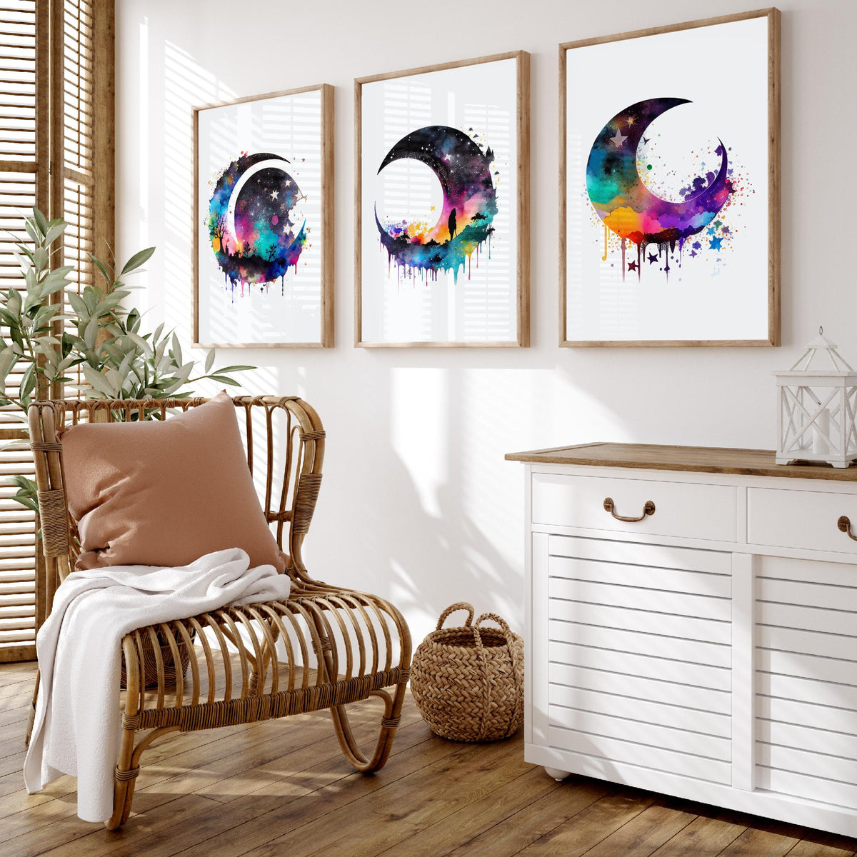 Moon and Stars Watercolour Set of Three Art Prints - Galaxy Crescent Moons - Rainbow Celestial Poster Painting