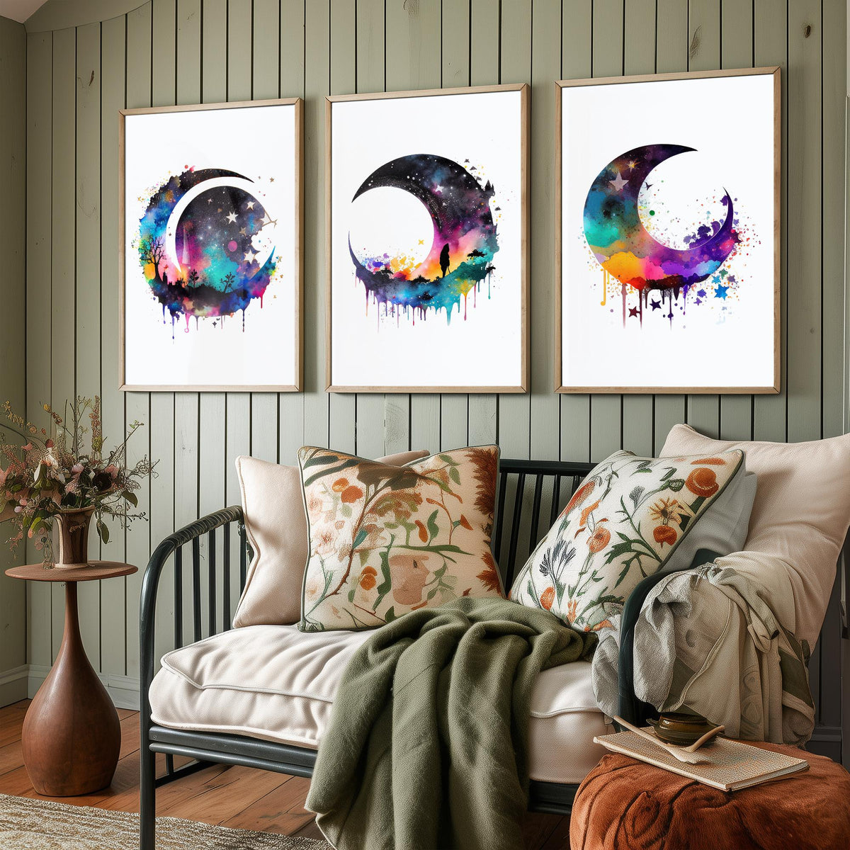 Moon and Stars Watercolour Set of Three Art Prints - Galaxy Crescent Moons - Rainbow Celestial Poster Painting